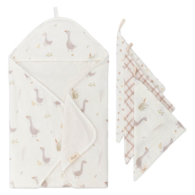 Crane Baby Charlie Goose Baby Bath Towel and Wash Cloth (Set of 3), Beige