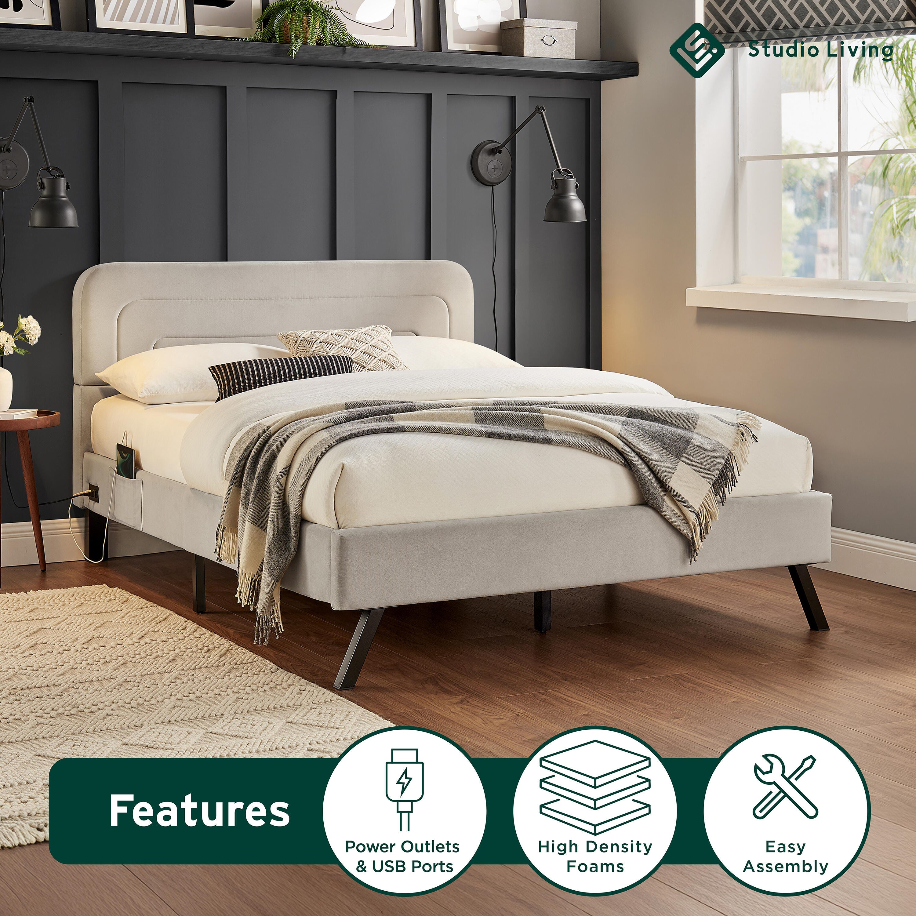Studio Living Adaline Full Upholstered Bed, Light Gray, large