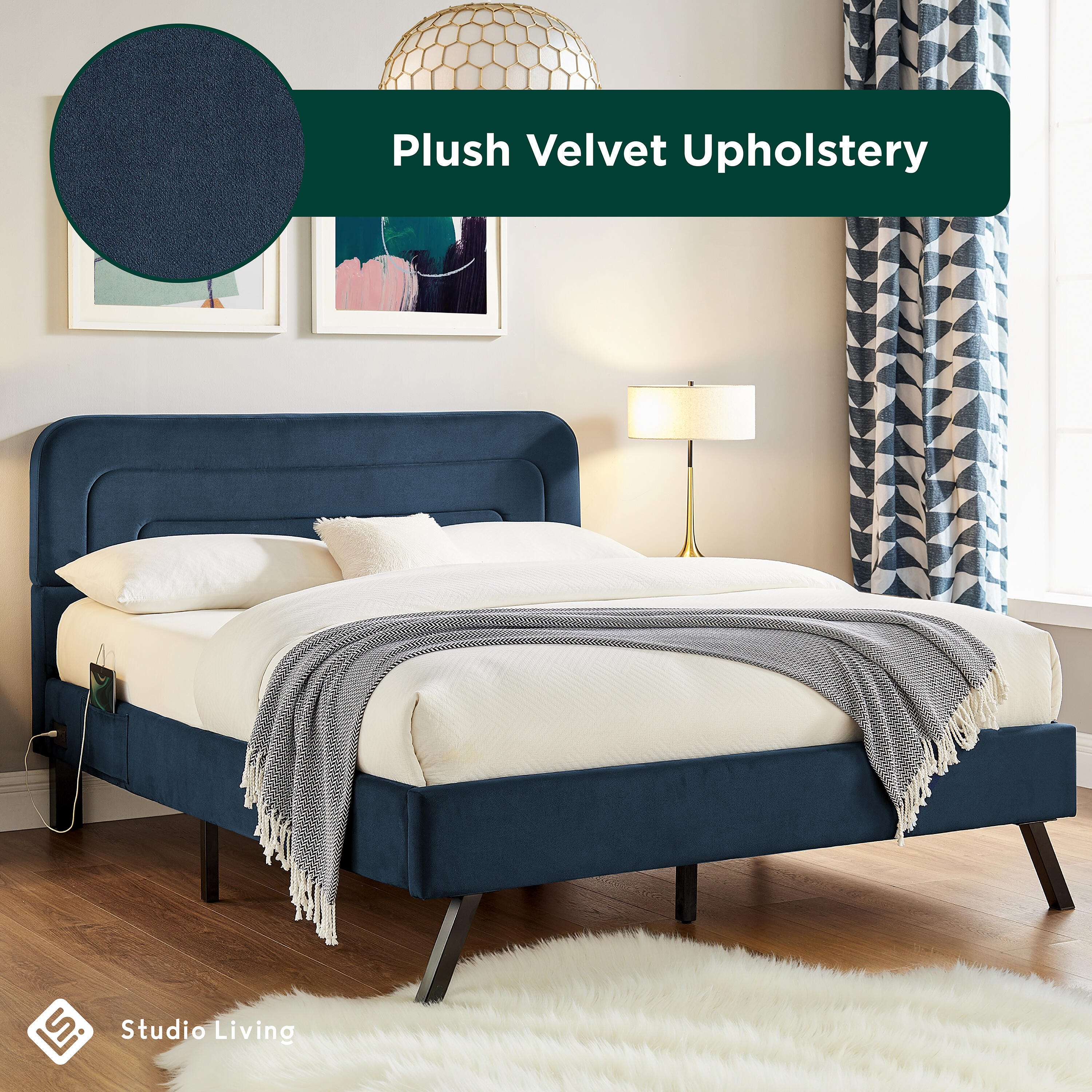 Studio Living Adaline Full Upholstered Bed, Navy, large