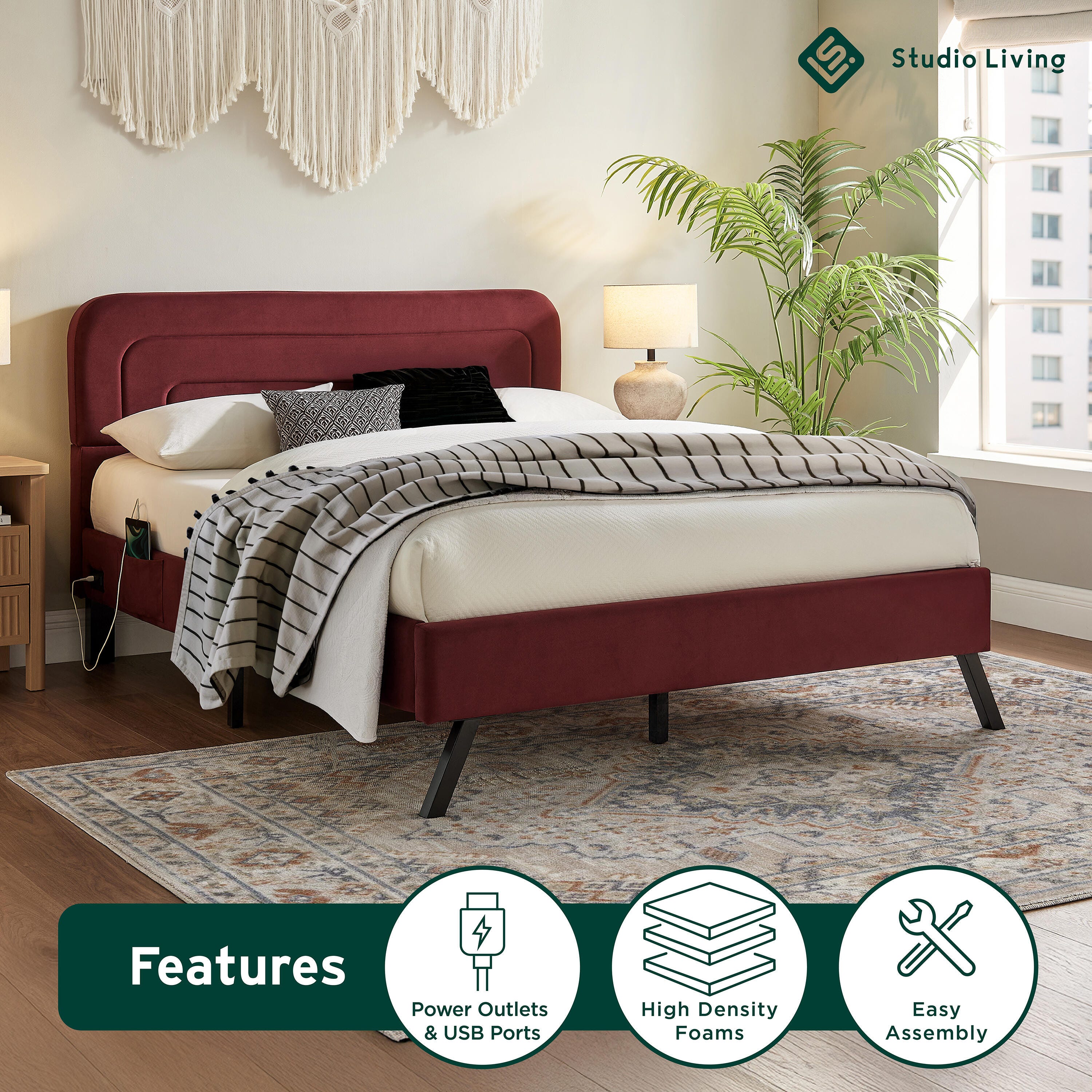 Studio Living Adaline Queen Upholstered Bed, Burgundy, large