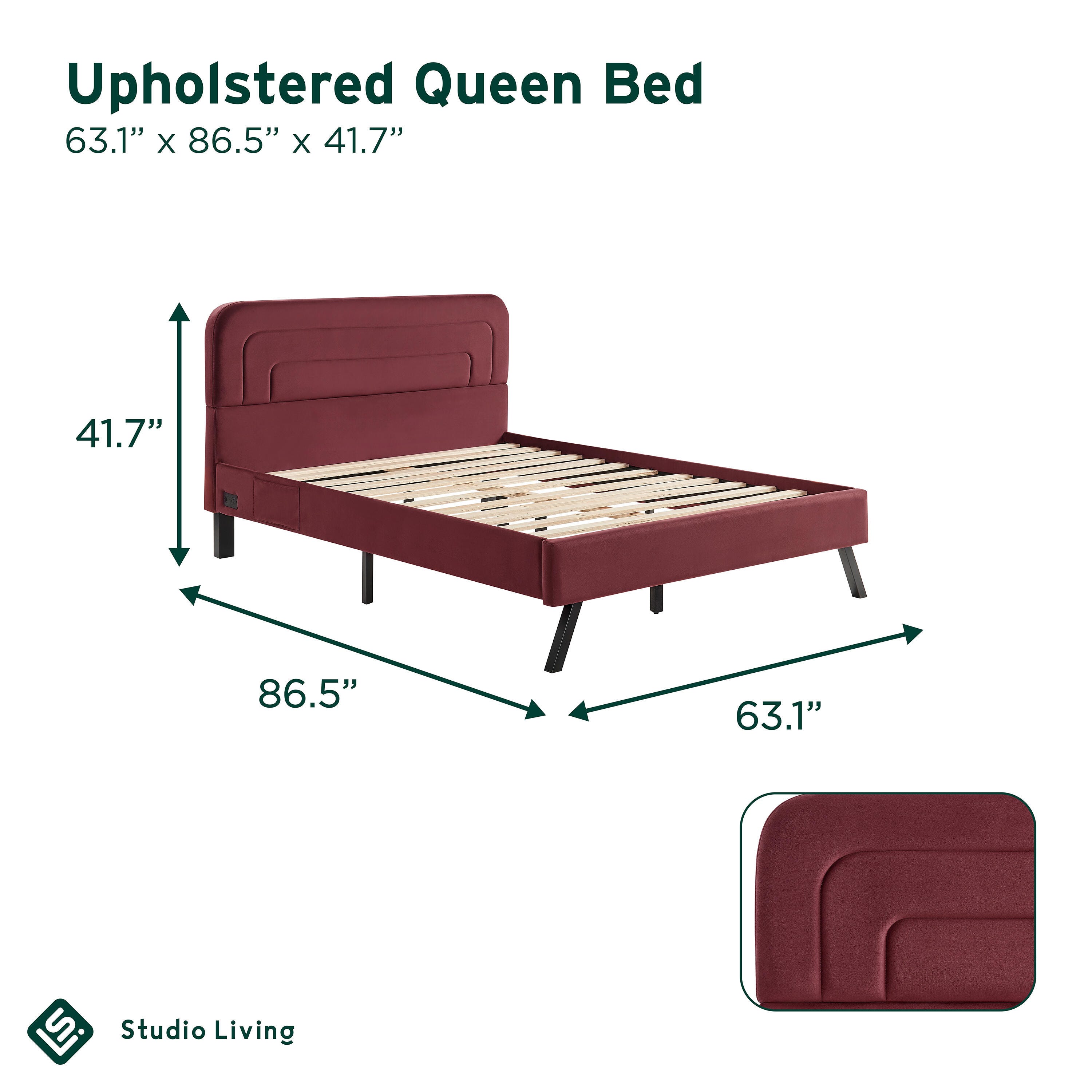 Studio Living Adaline Queen Upholstered Bed, Burgundy, large