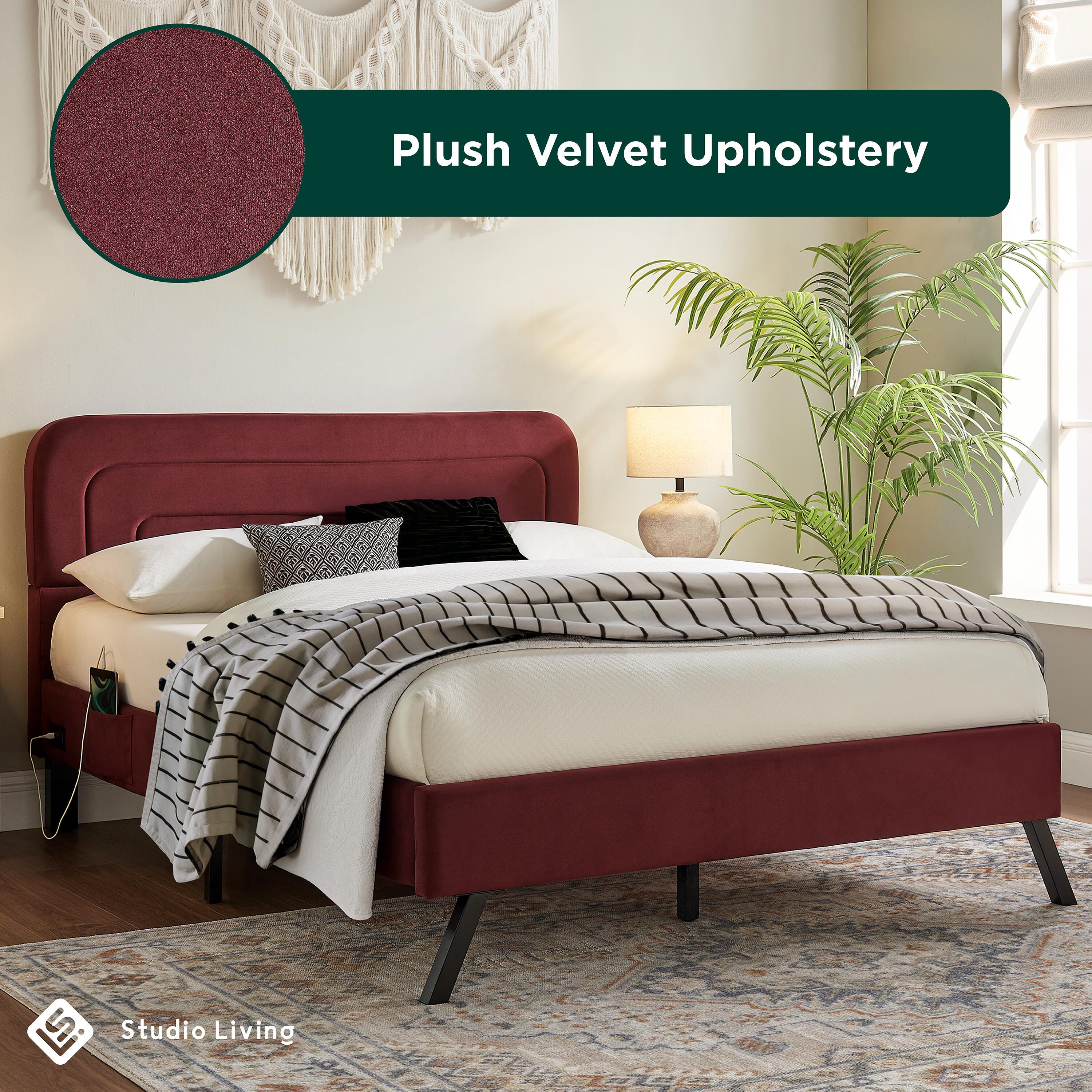 Studio Living Adaline Queen Upholstered Bed, Burgundy, large