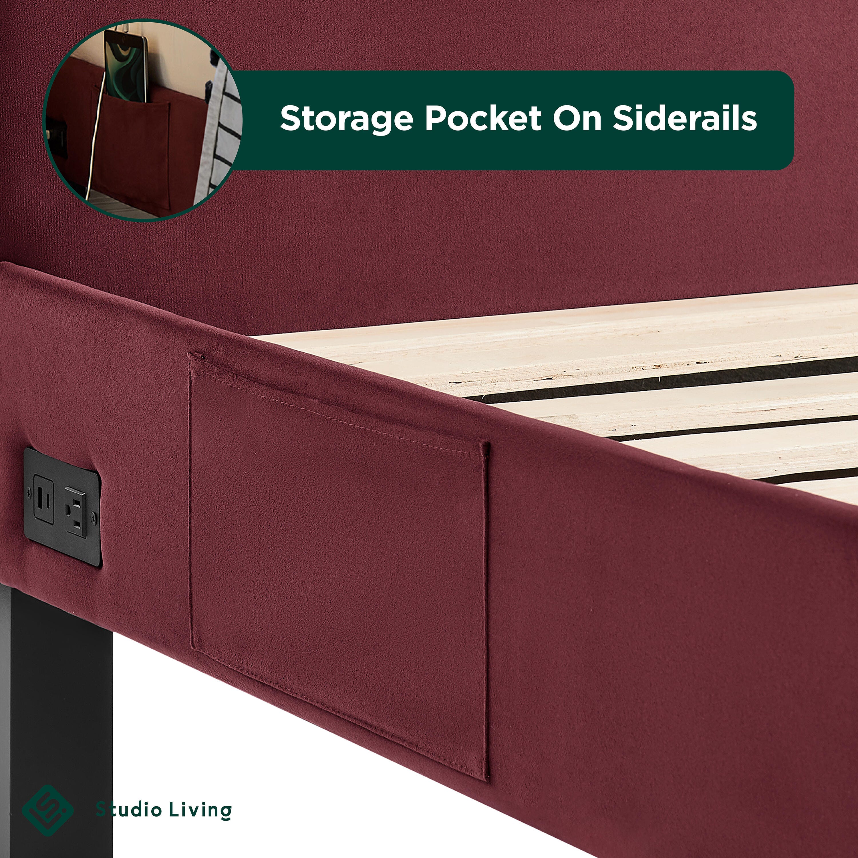 Studio Living Adaline Queen Upholstered Bed, Burgundy, large