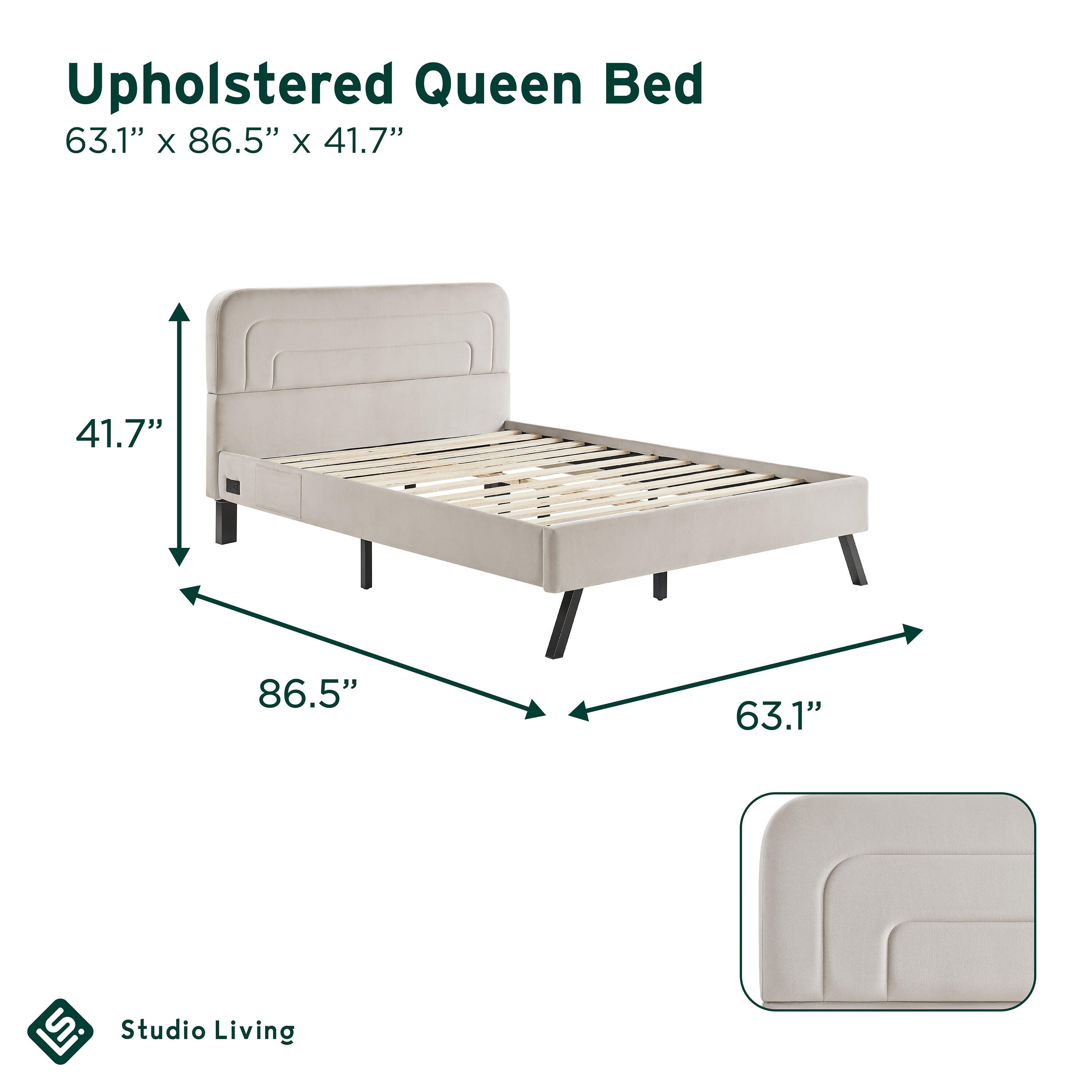 Studio Living Adaline Queen Upholstered Bed, Light Gray, large