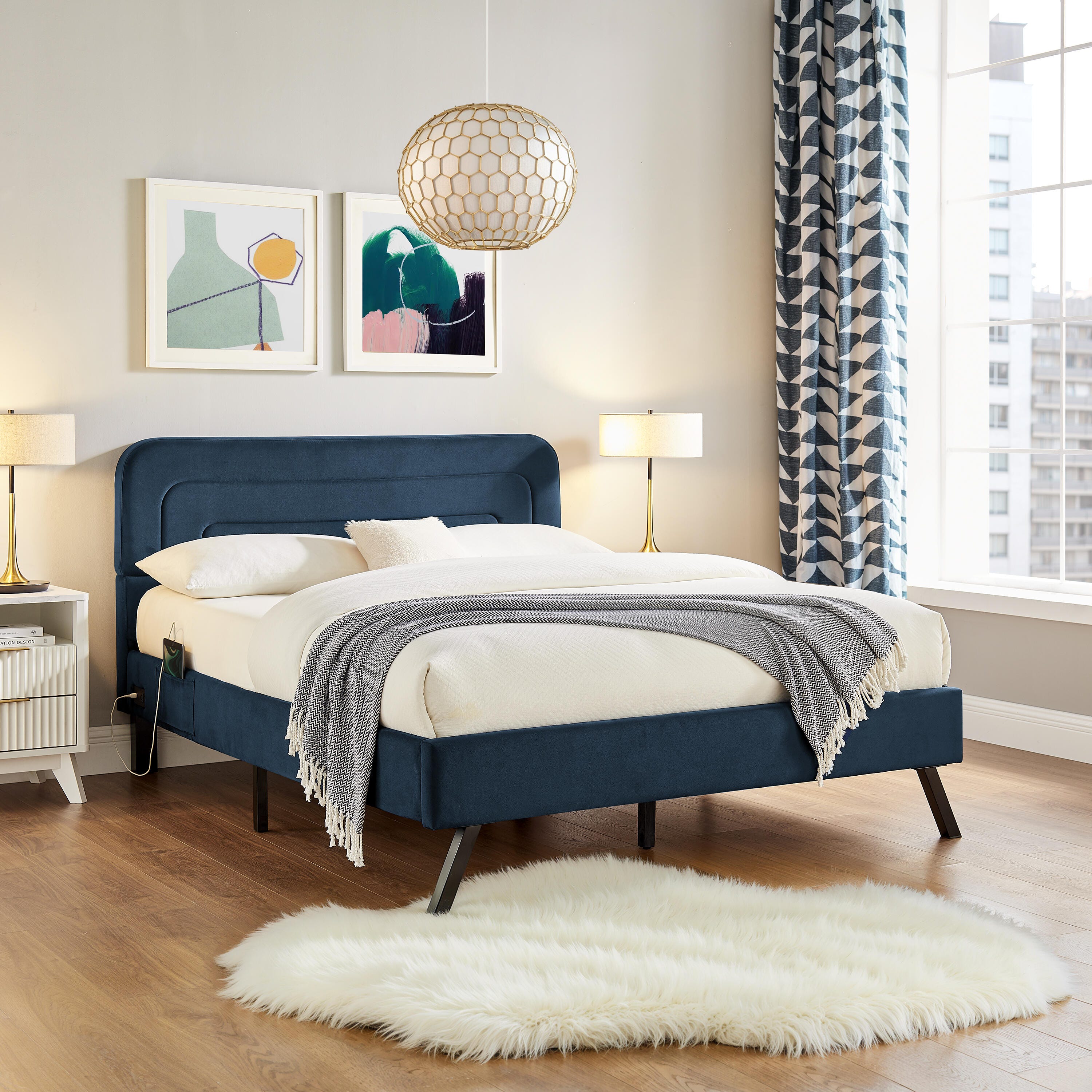 Studio Living Adaline Queen Upholstered Bed, Navy, rollover