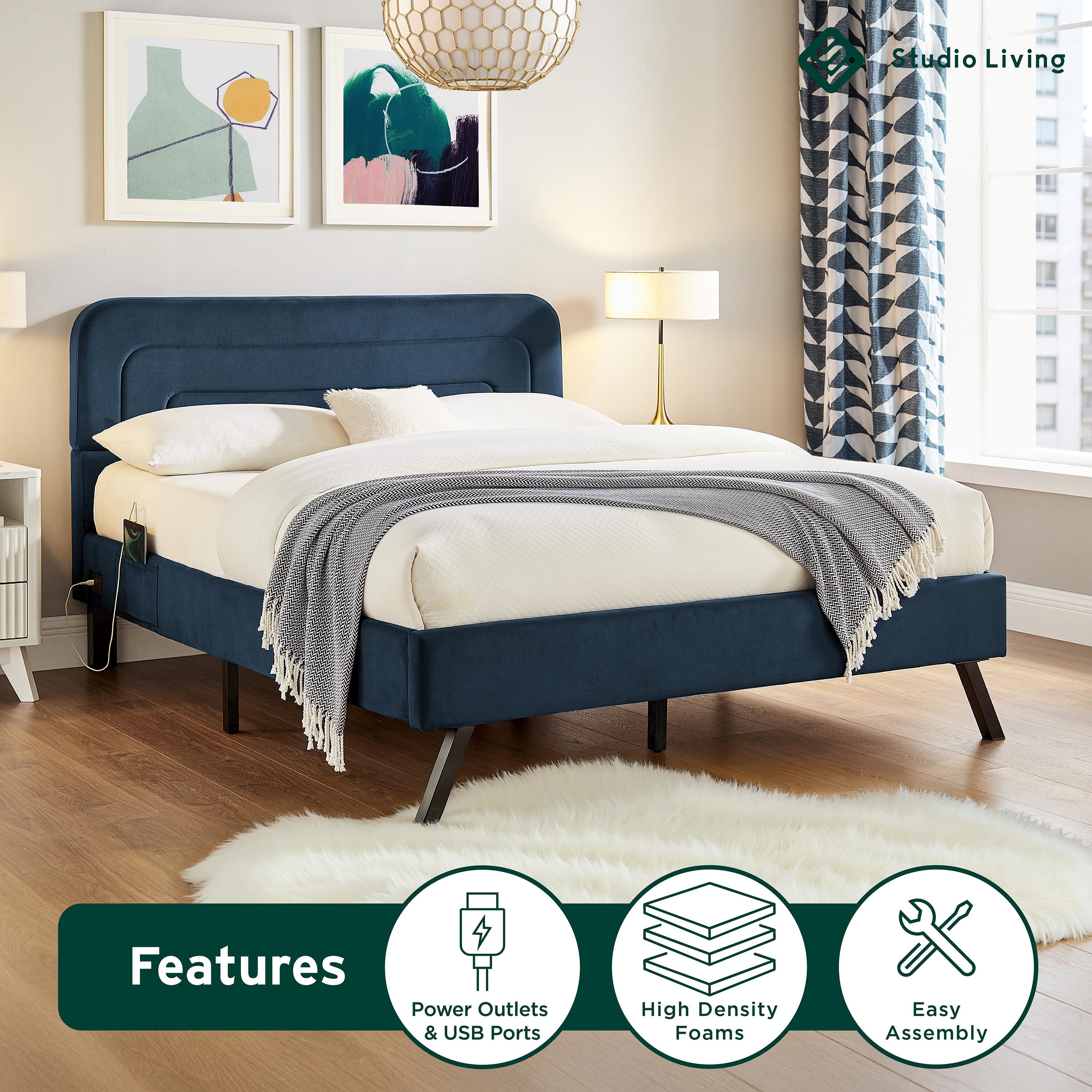 Studio Living Adaline Queen Upholstered Bed, Navy, large