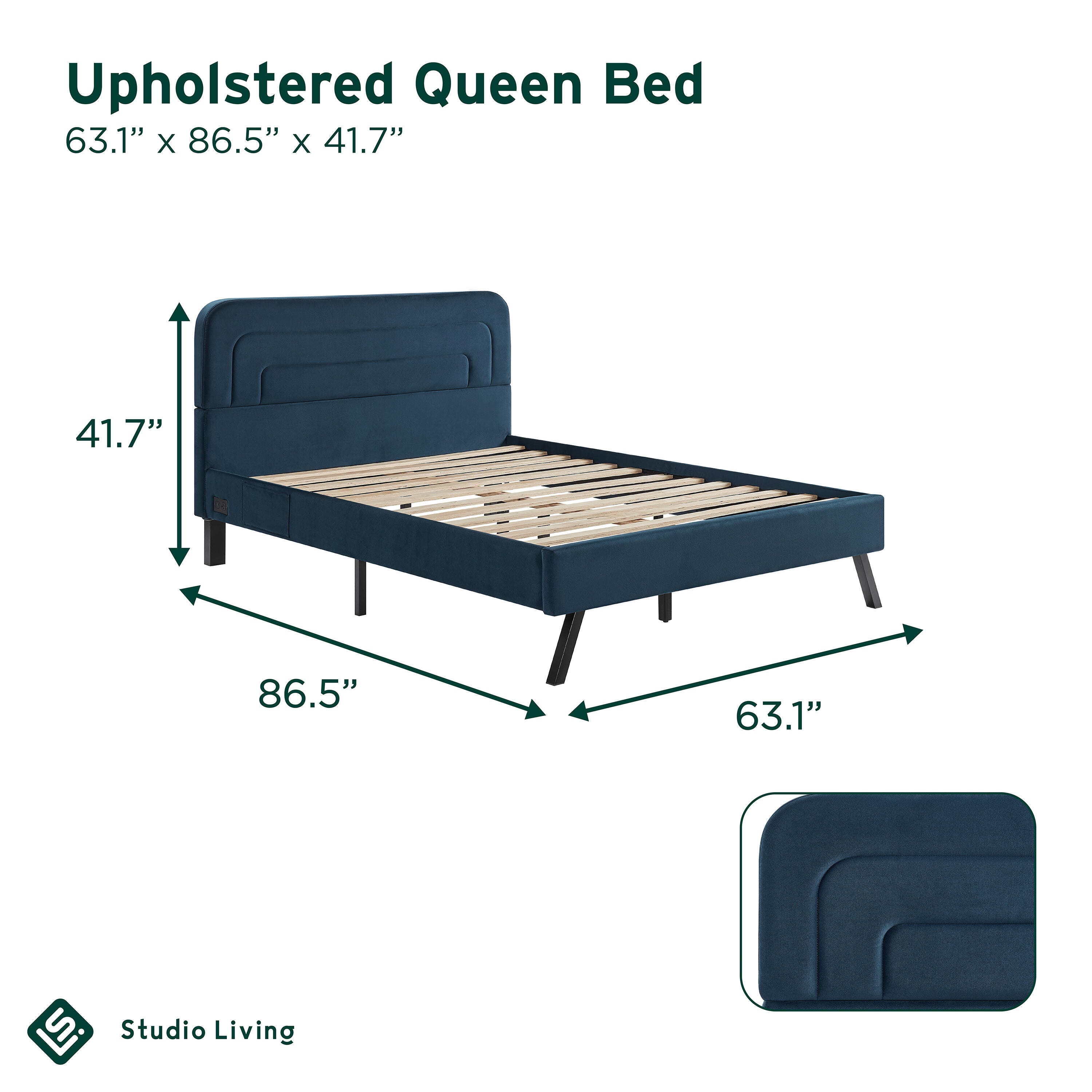 Studio Living Adaline Queen Upholstered Bed, Navy, large
