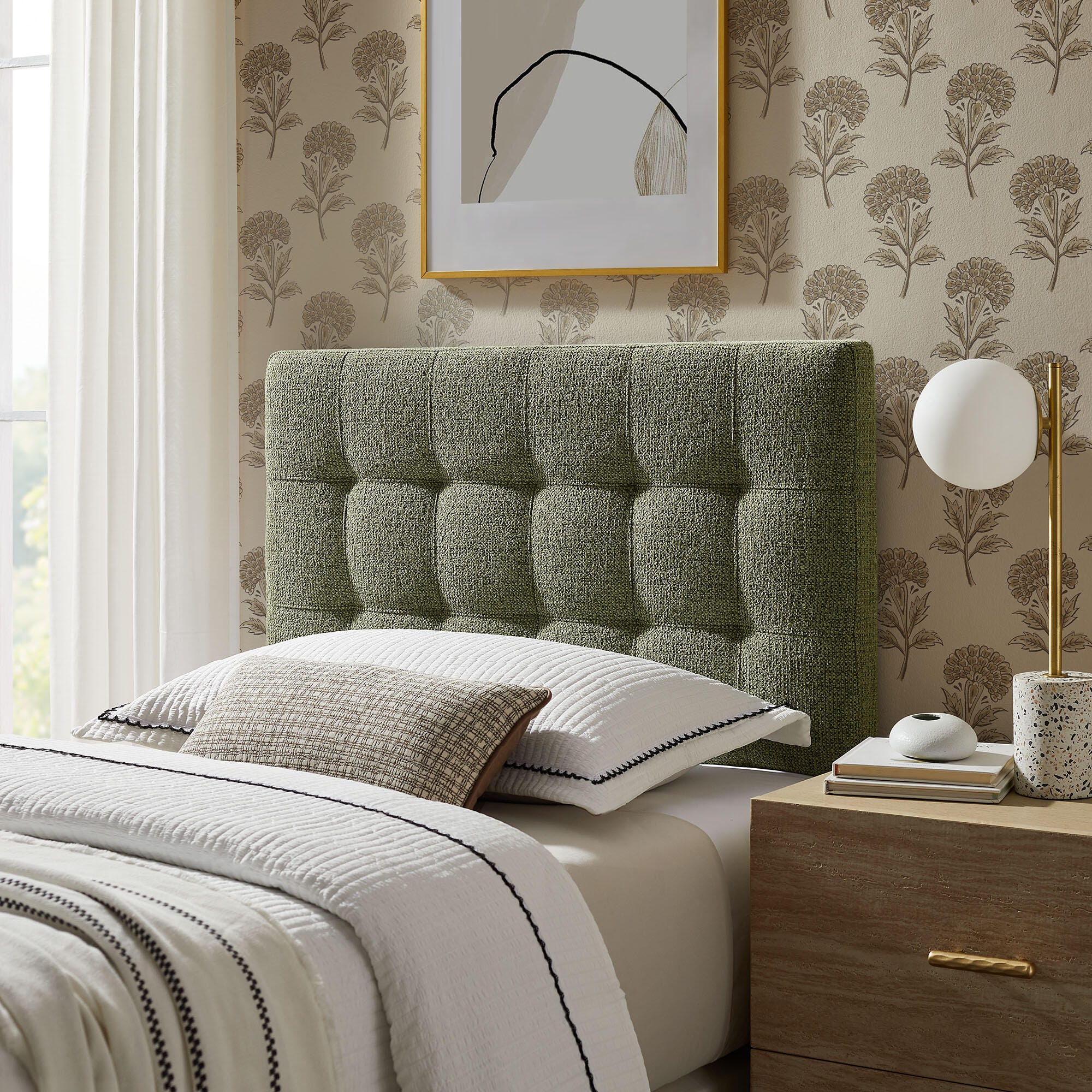 Modway Lily Solid Twin Upholstered Headboard, Leaf, rollover