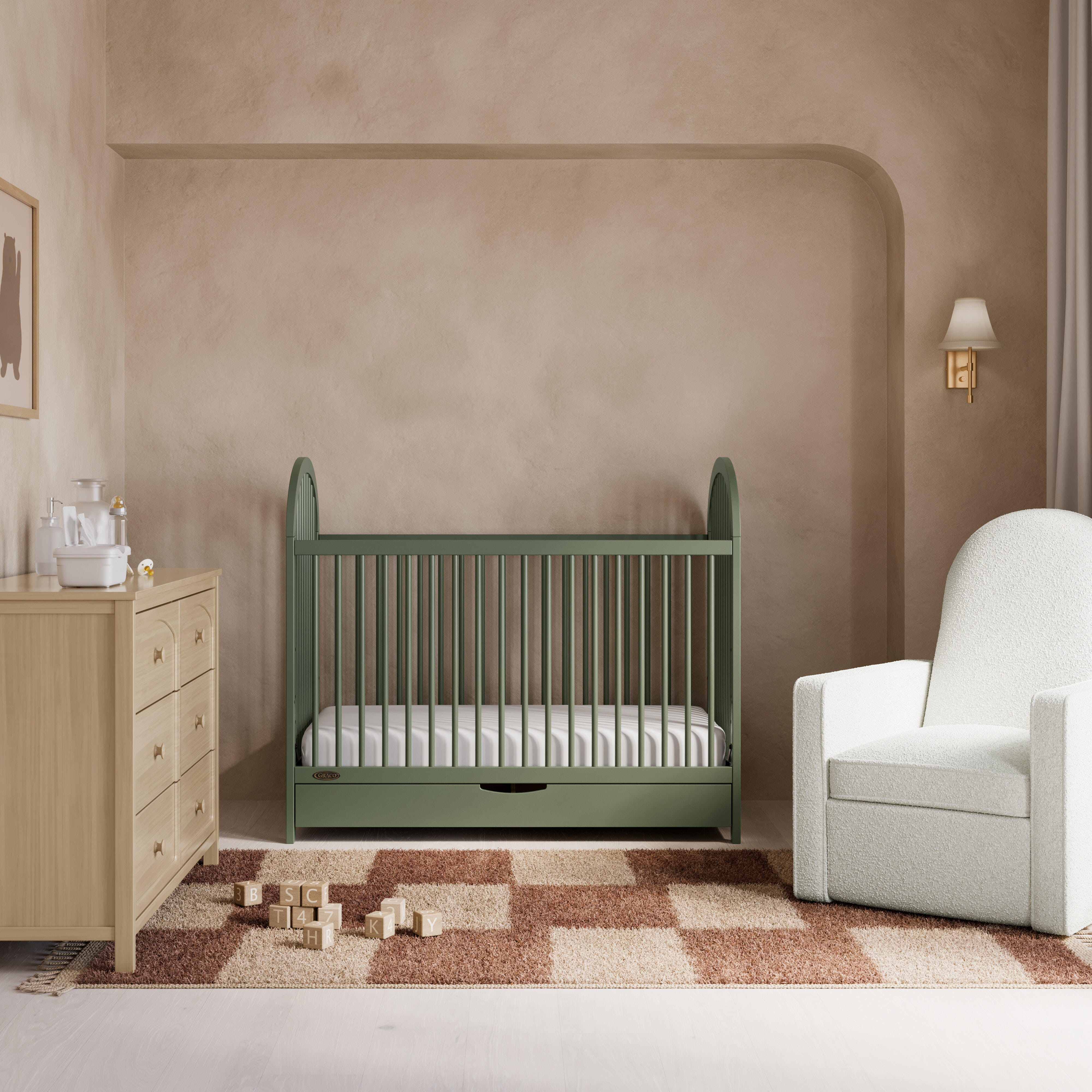 Graco Olivia 3-in-1 Convertible Crib With Storage Drawer, Olive, rollover