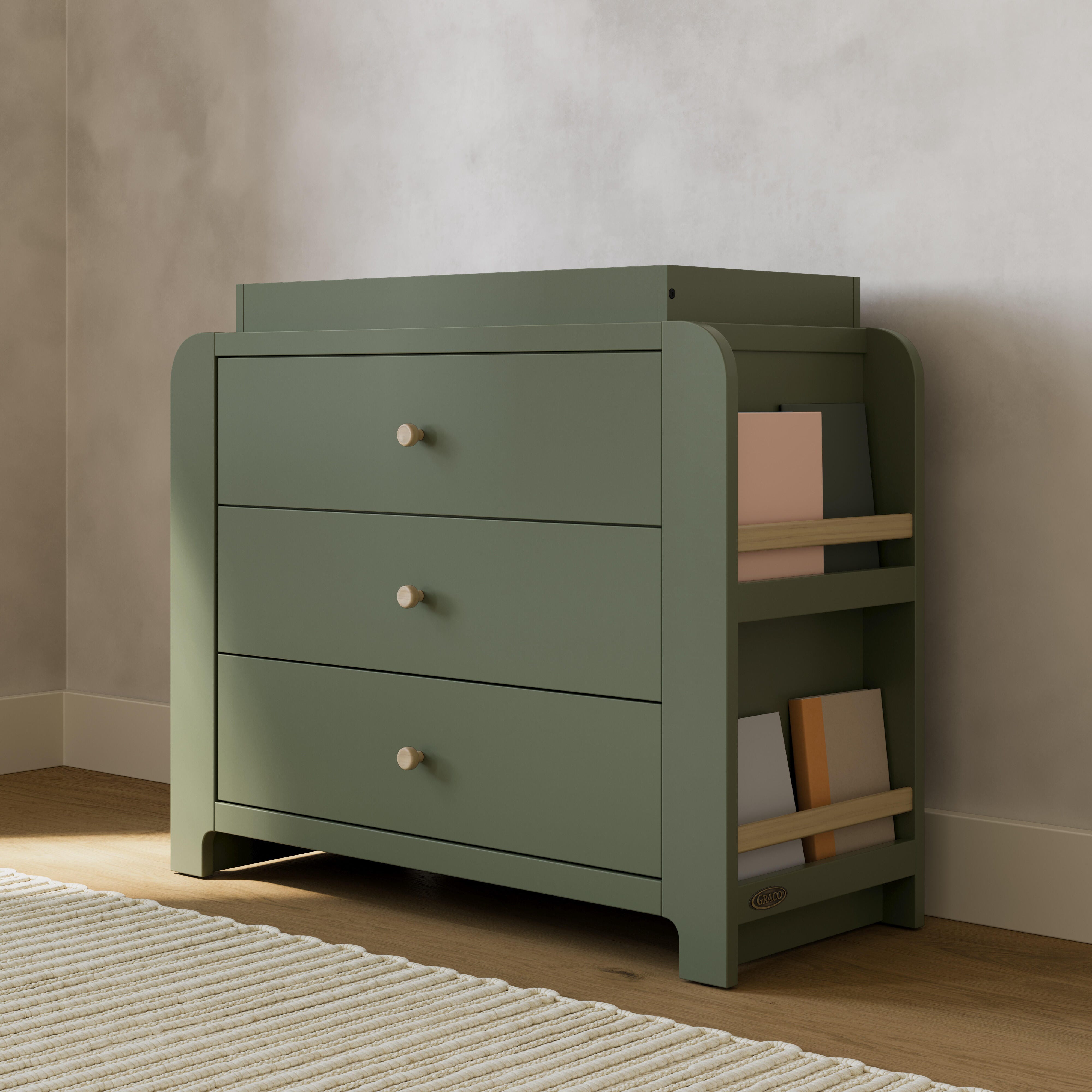 Graco Read-with-Me 3 Drawer Chest with Bookshelves and Changing Topper, Olive/Driftwood, rollover