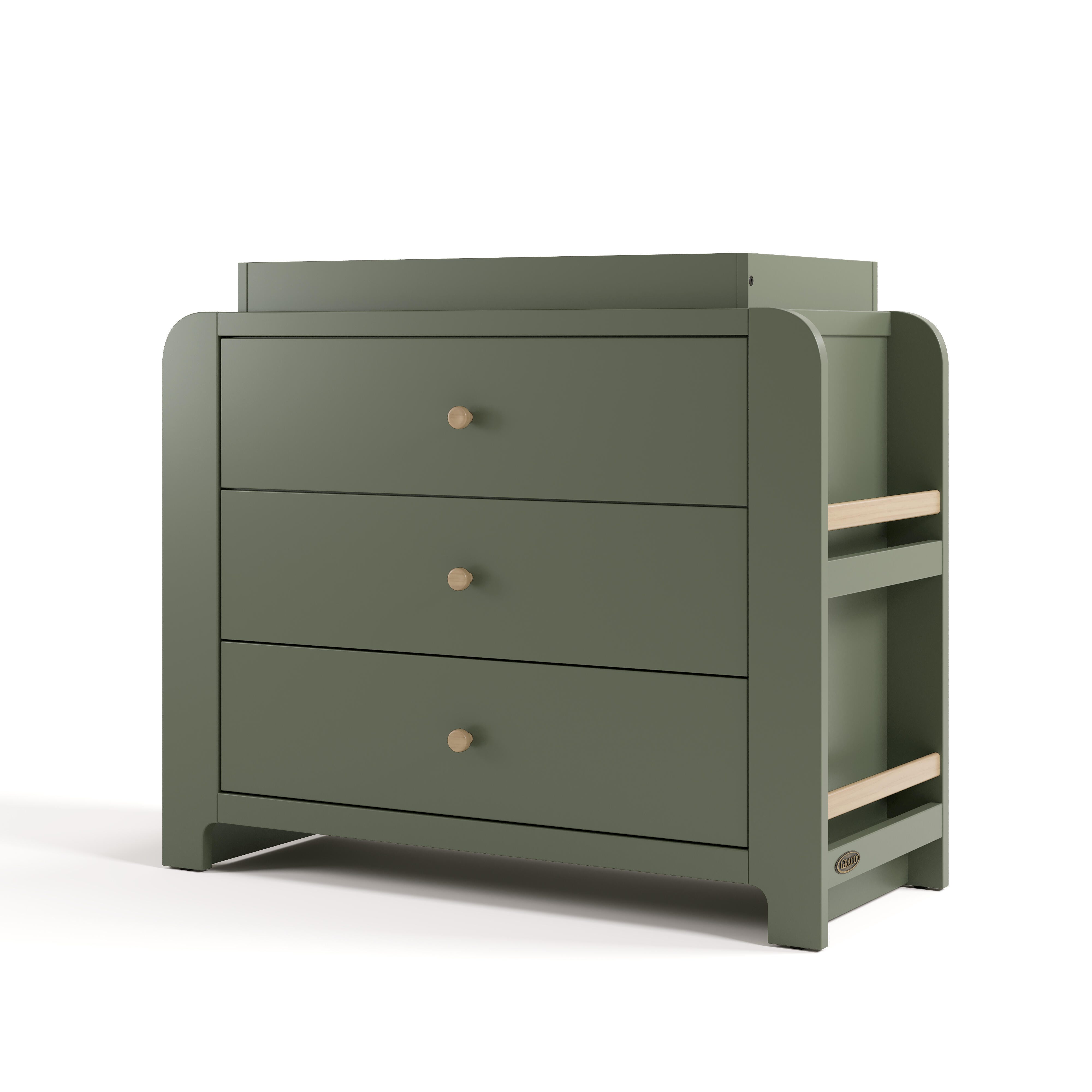 Graco Read-with-Me 3 Drawer Chest with Bookshelves and Changing Topper, Olive/Driftwood, large