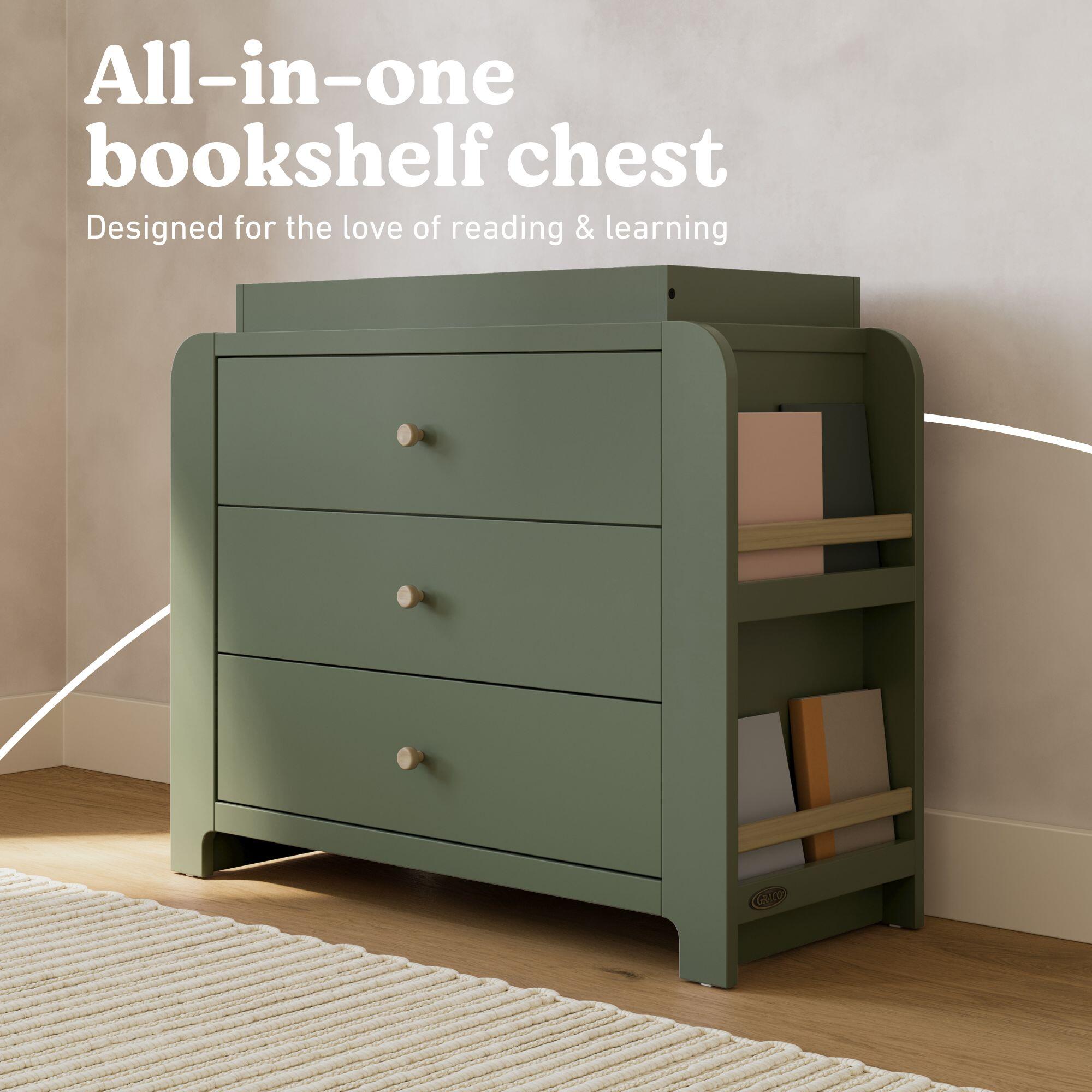 Graco Read-with-Me 3 Drawer Chest with Bookshelves and Changing Topper, Olive/Driftwood, large