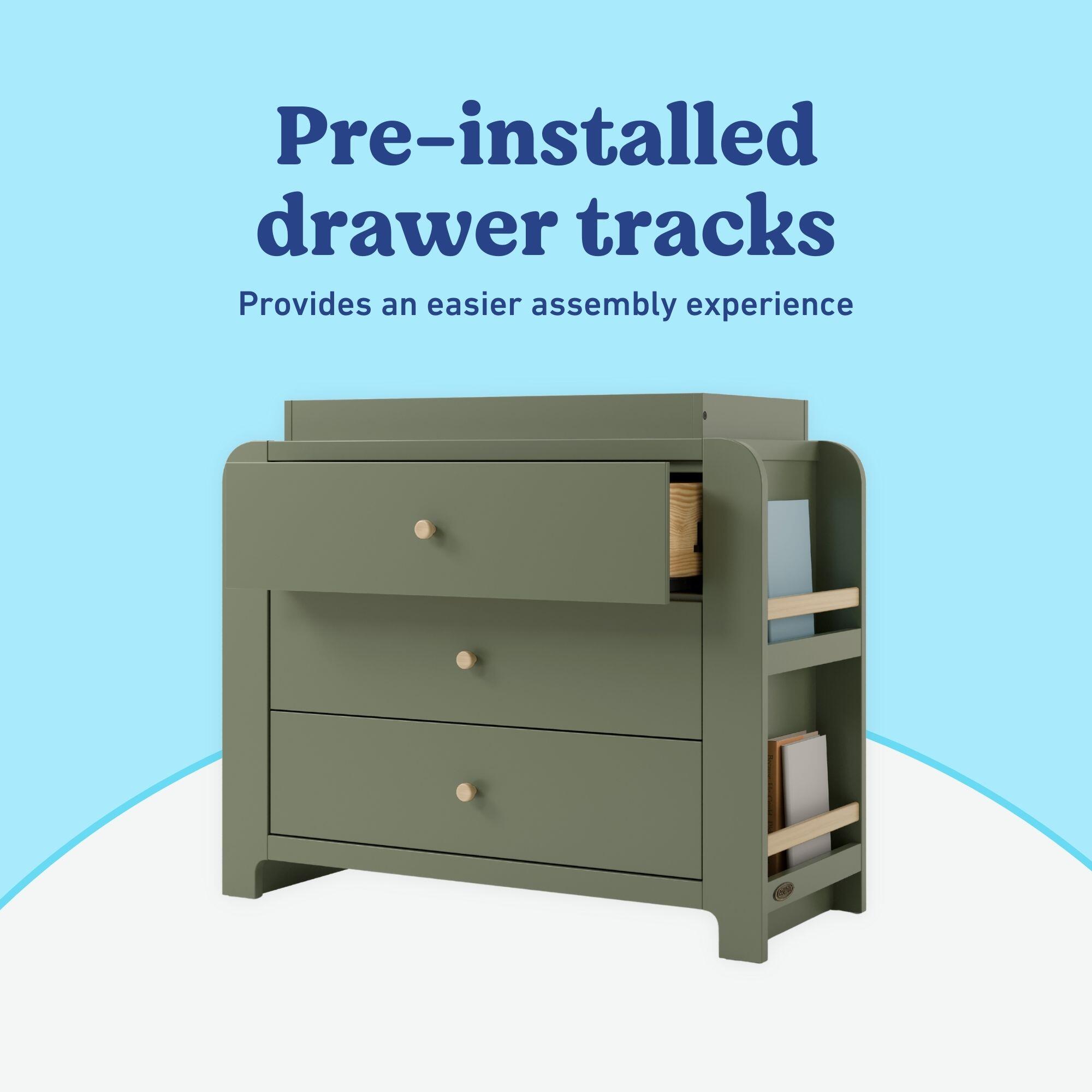 Graco Read-with-Me 3 Drawer Chest with Bookshelves and Changing Topper, Olive/Driftwood, large