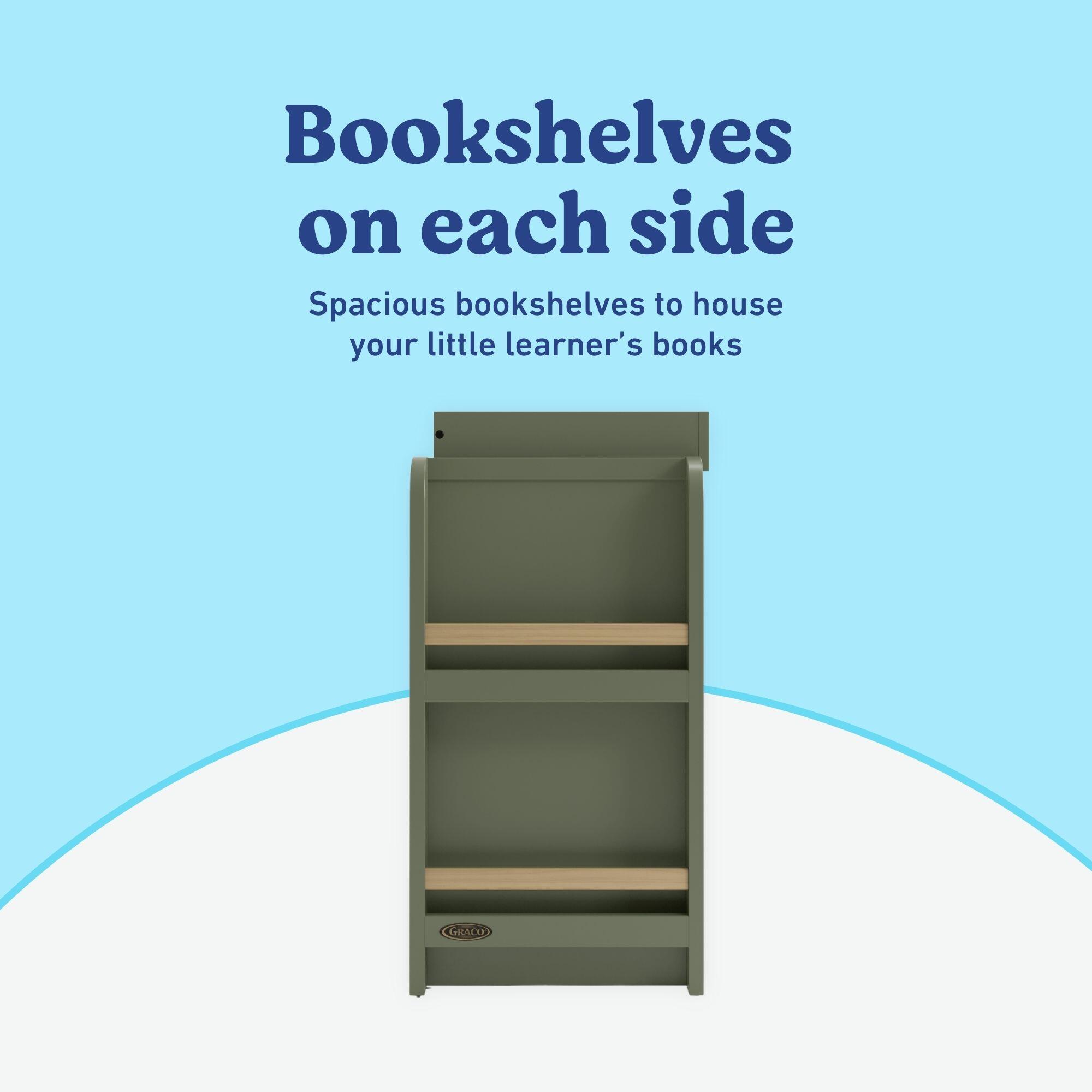 Graco Read-with-Me 3 Drawer Chest with Bookshelves and Changing Topper, Olive/Driftwood, large