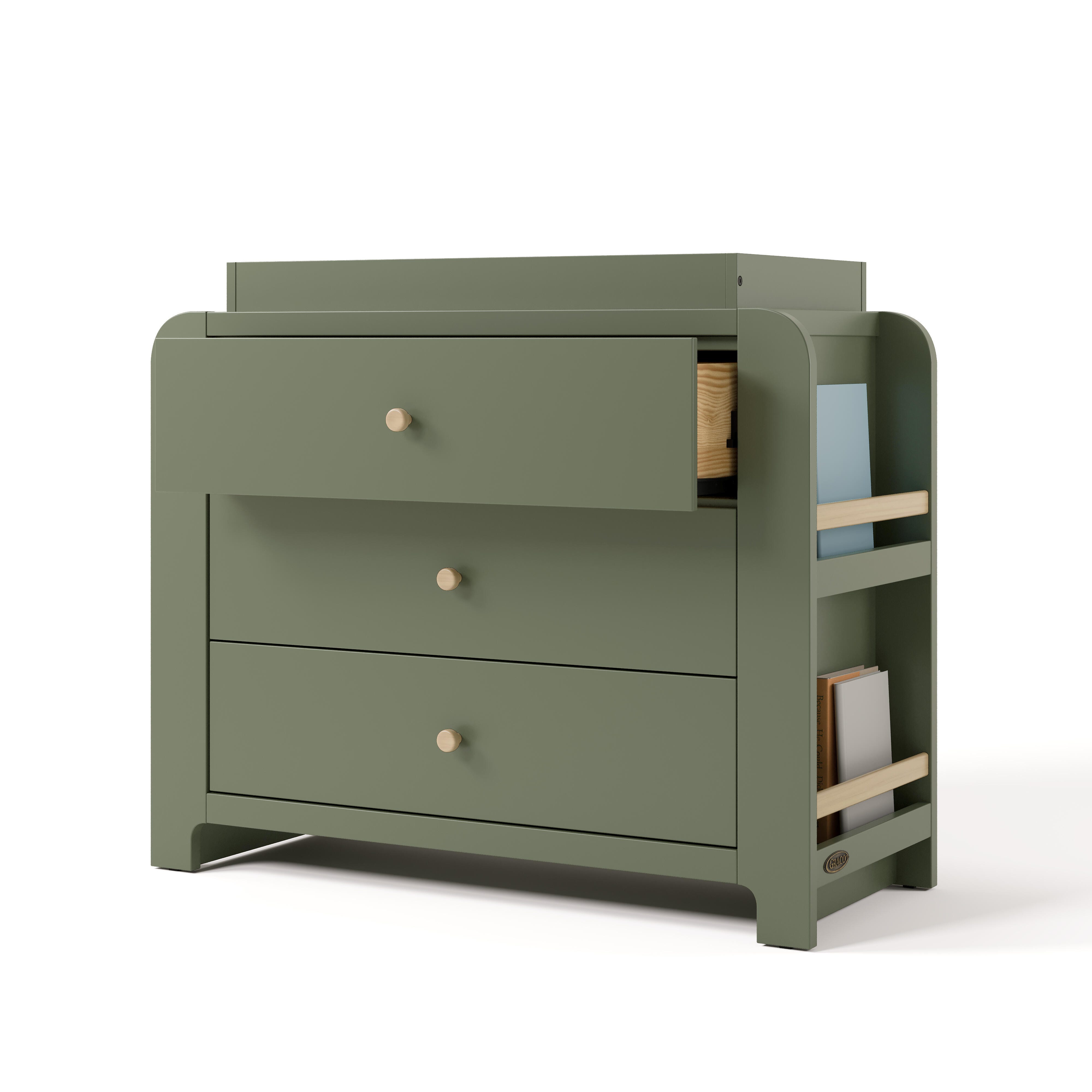 Graco Read-with-Me 3 Drawer Chest with Bookshelves and Changing Topper, Olive/Driftwood, large
