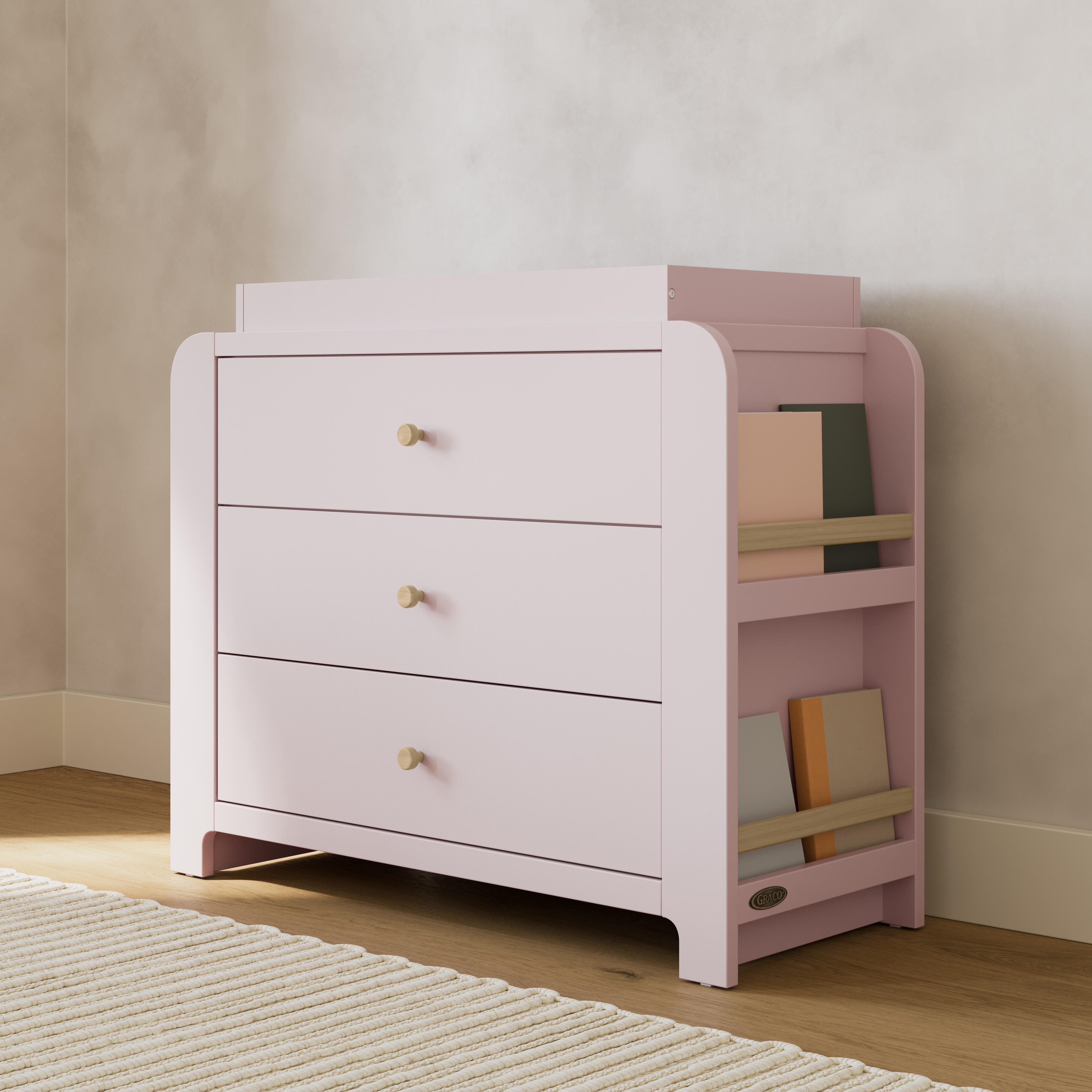 Graco Read-with-Me 3 Drawer Chest with Bookshelves and Changing Topper, Blush/Driftwood, rollover