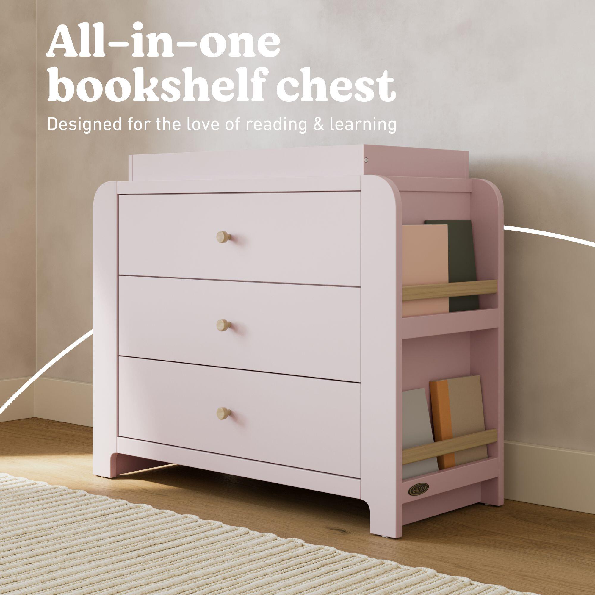 Graco Read-with-Me 3 Drawer Chest with Bookshelves and Changing Topper, Blush/Driftwood, large