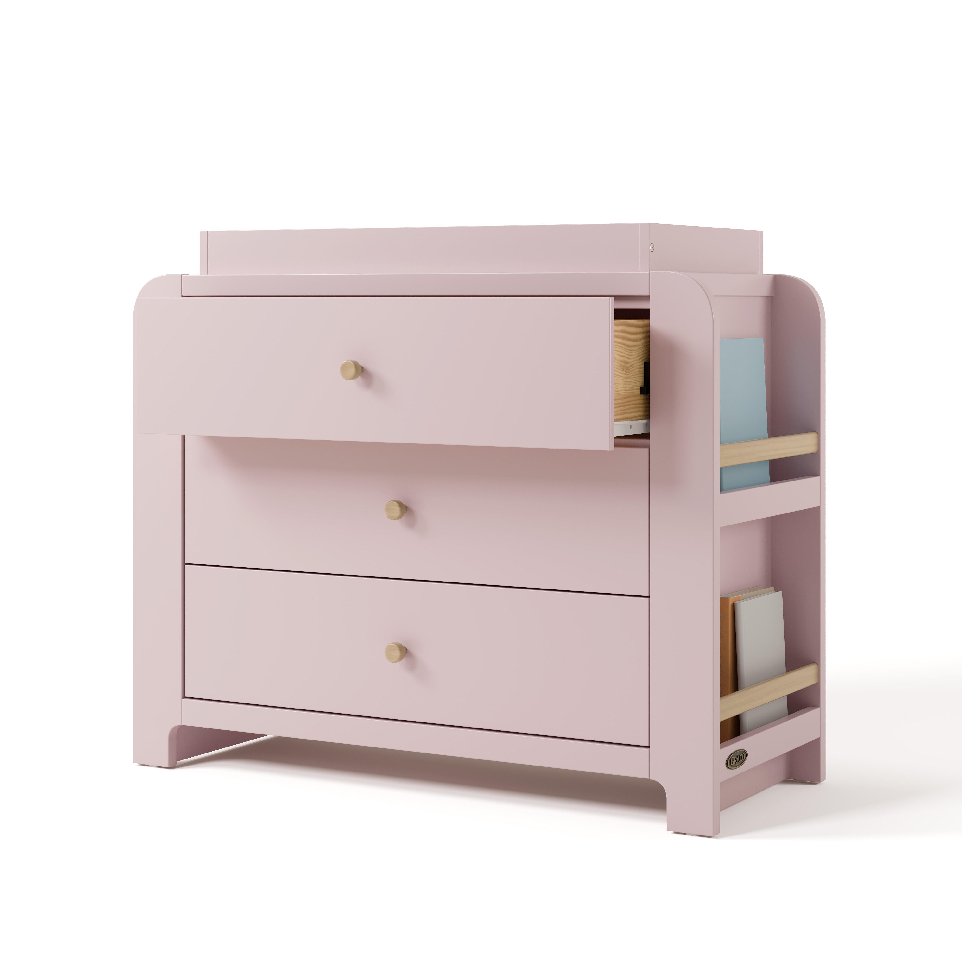 Graco Read-with-Me 3 Drawer Chest with Bookshelves and Changing Topper, Blush/Driftwood, large