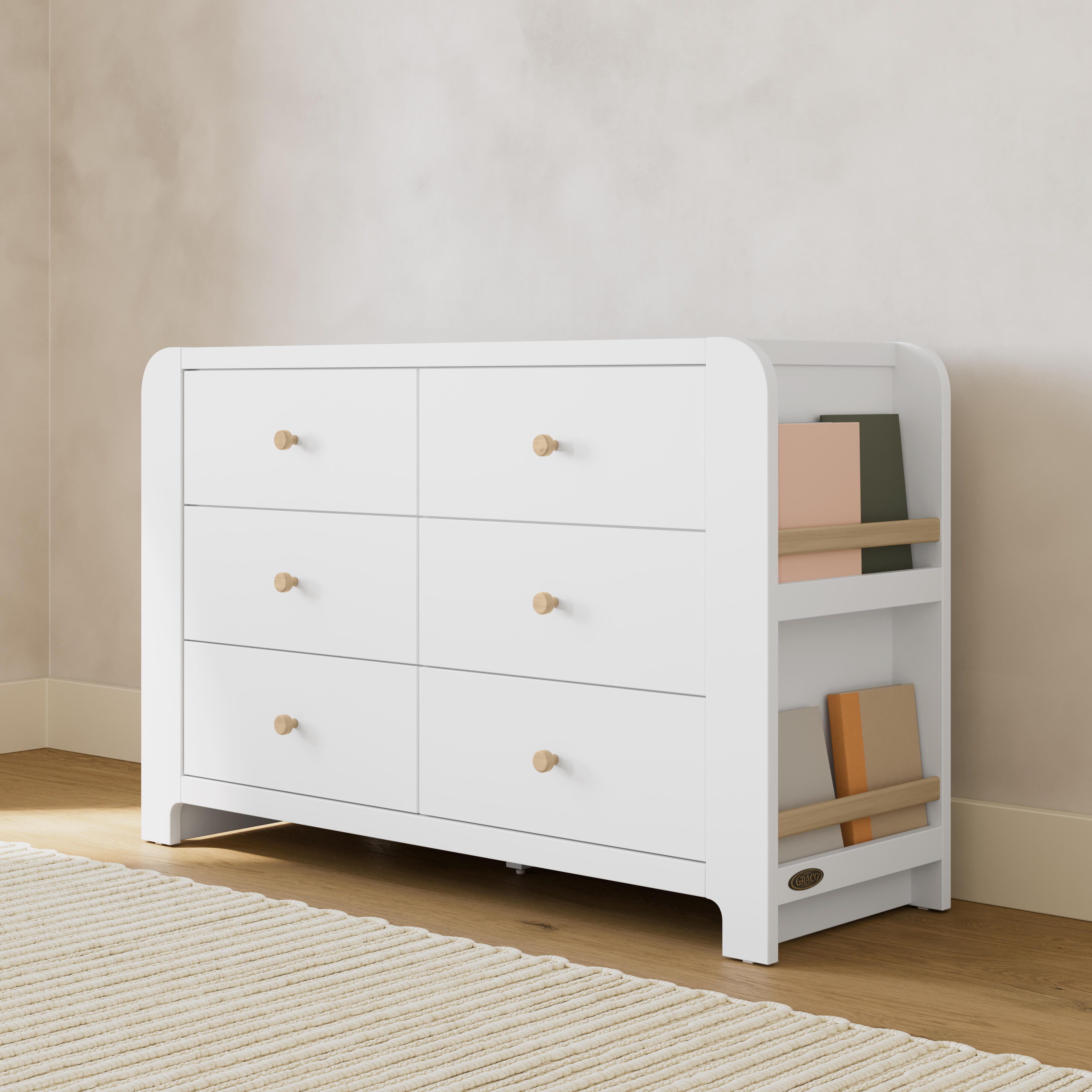 Graco Read-with-Me 6 Drawer Dresser with Bookshelves, White/Driftwood, rollover
