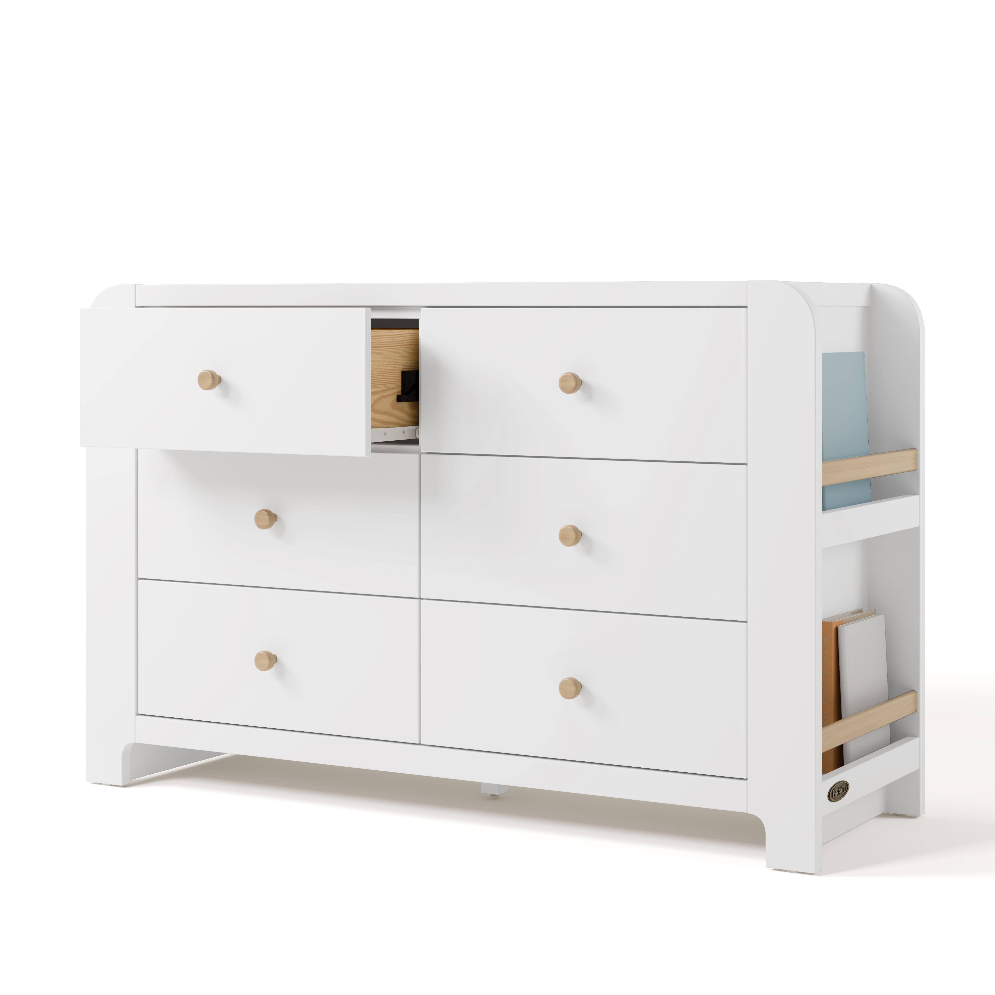 Graco Read-with-Me 6 Drawer Dresser with Bookshelves, White/Driftwood, large
