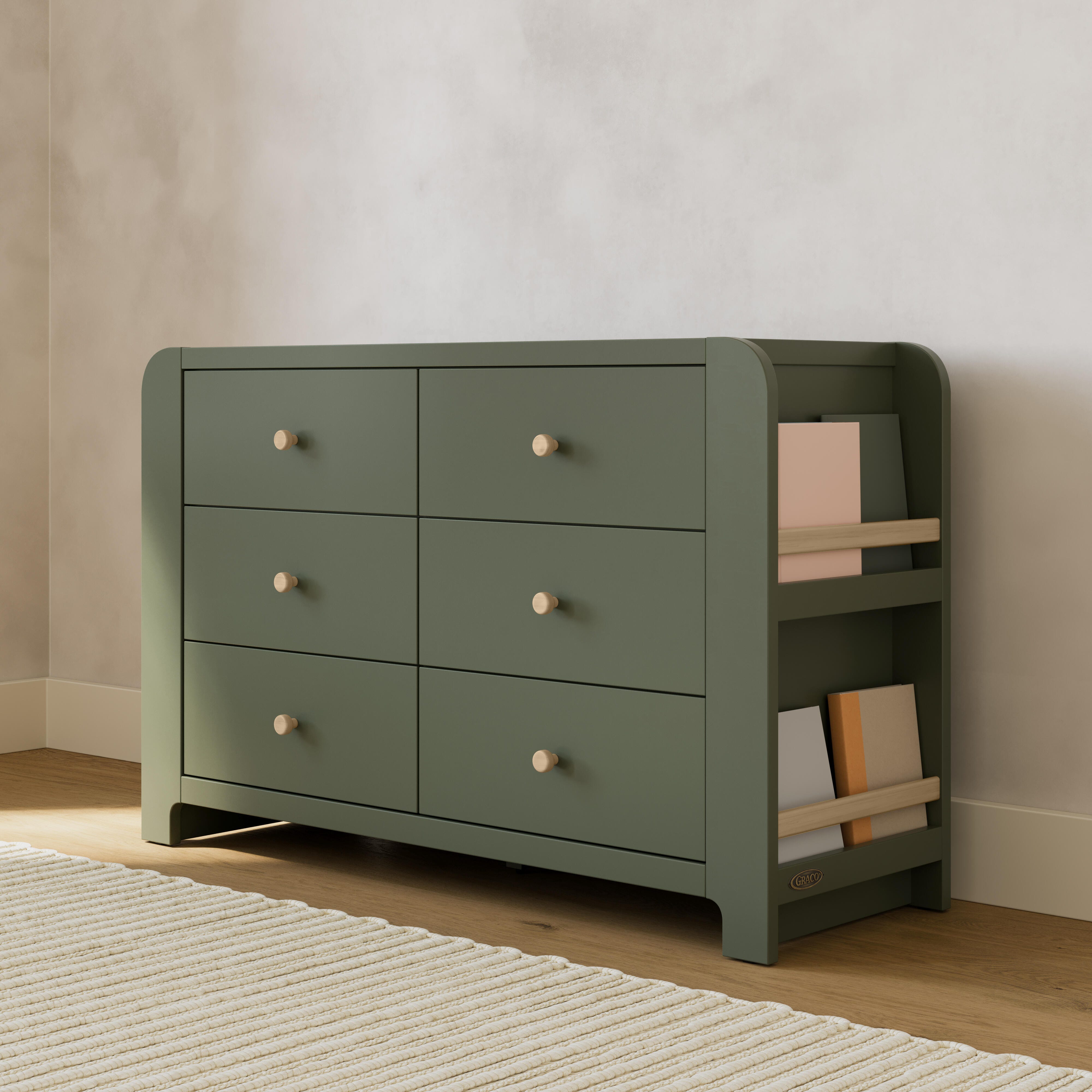 Graco Read-with-Me 6 Drawer Dresser with Bookshelves, Olive/Driftwood, rollover