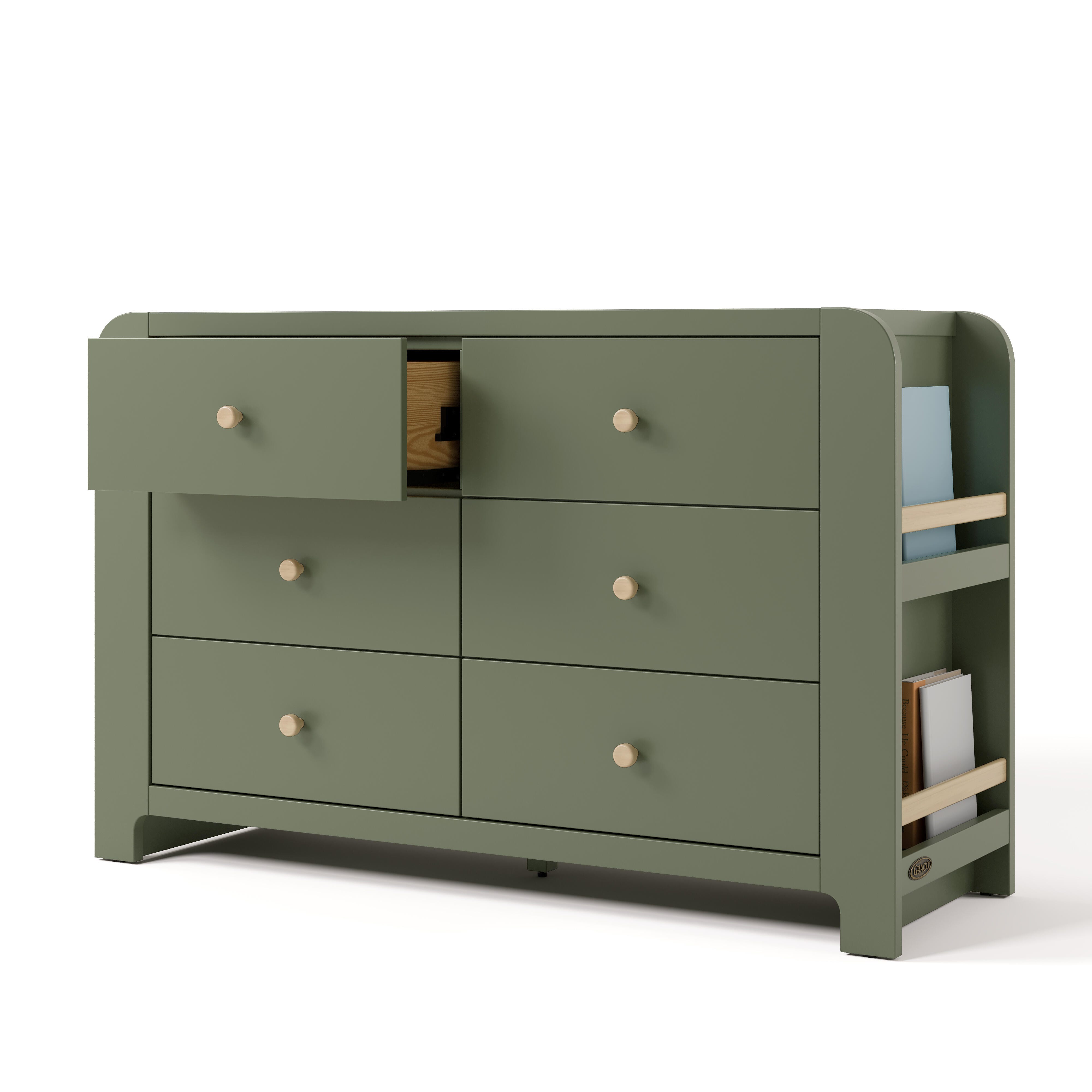 Graco Read-with-Me 6 Drawer Dresser with Bookshelves, Olive/Driftwood, large