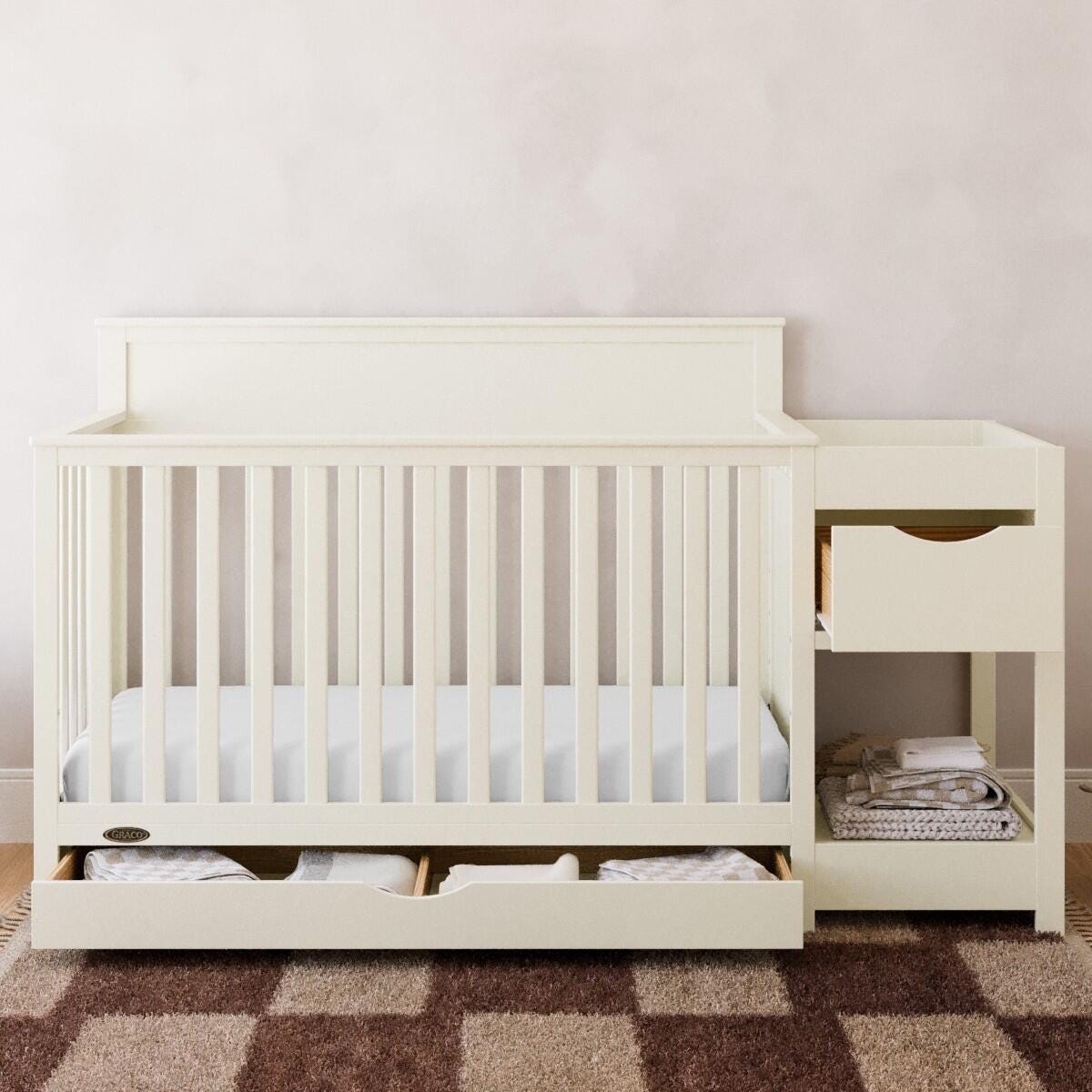 Graco Shiloh 5-in-1 Convertible Crib and Changer With Storage Drawer, Frosted Oat, rollover