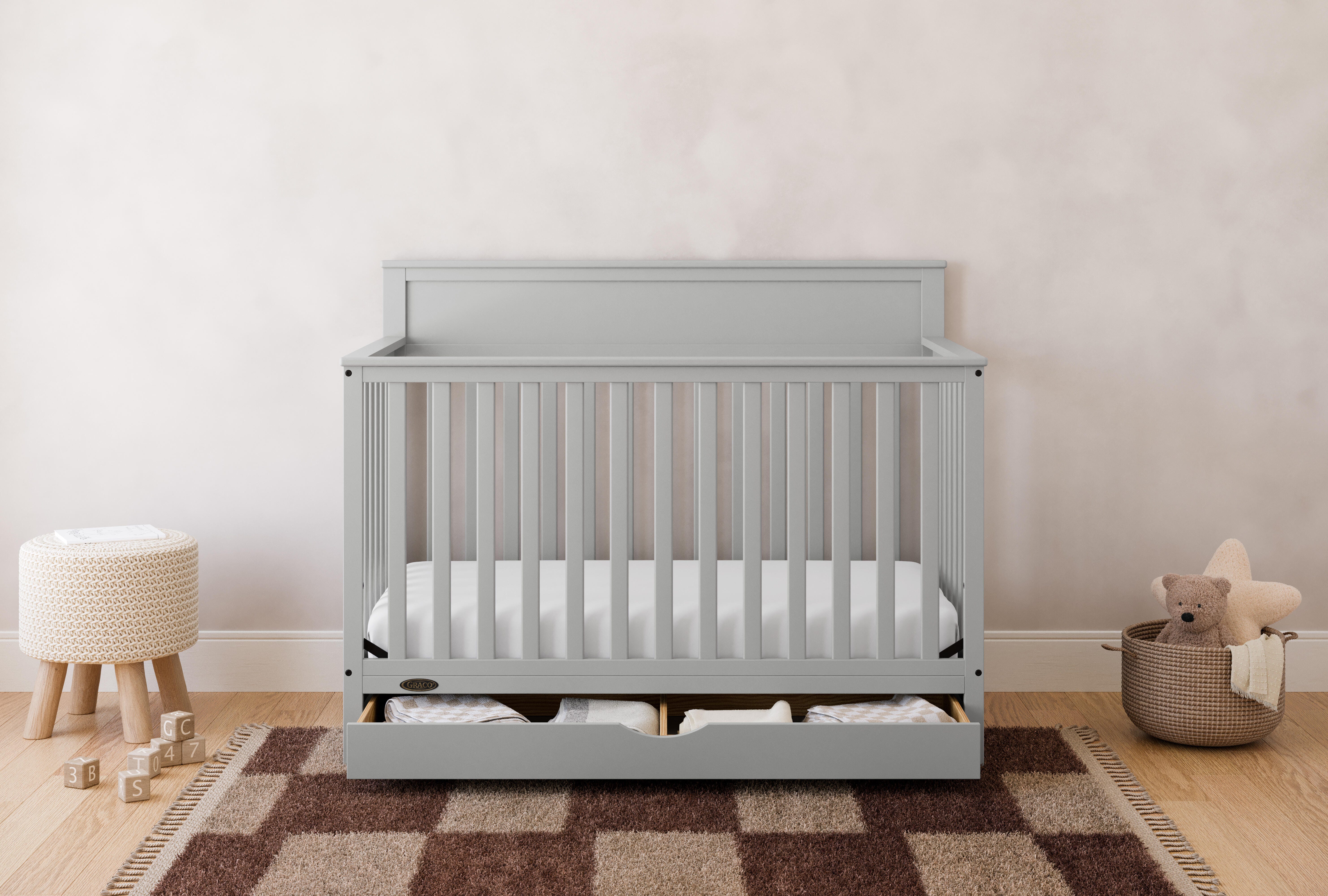 Graco Shiloh 5-in-1 Convertible Crib With Storage Drawer, Pebble Gray, rollover