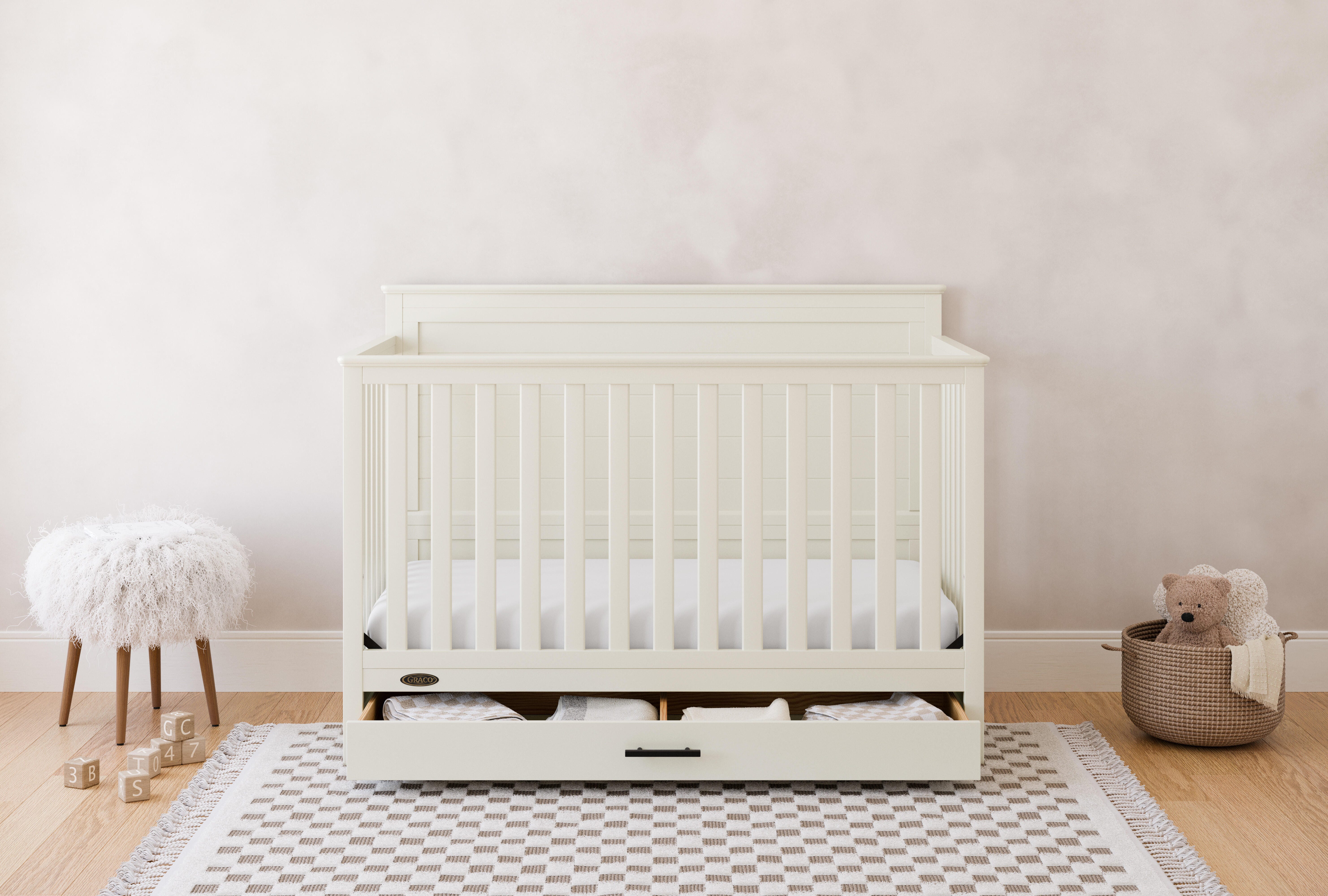 Graco Tristan 5-in-1 Convertible Crib With Storage Drawer, Frosted Oat, rollover