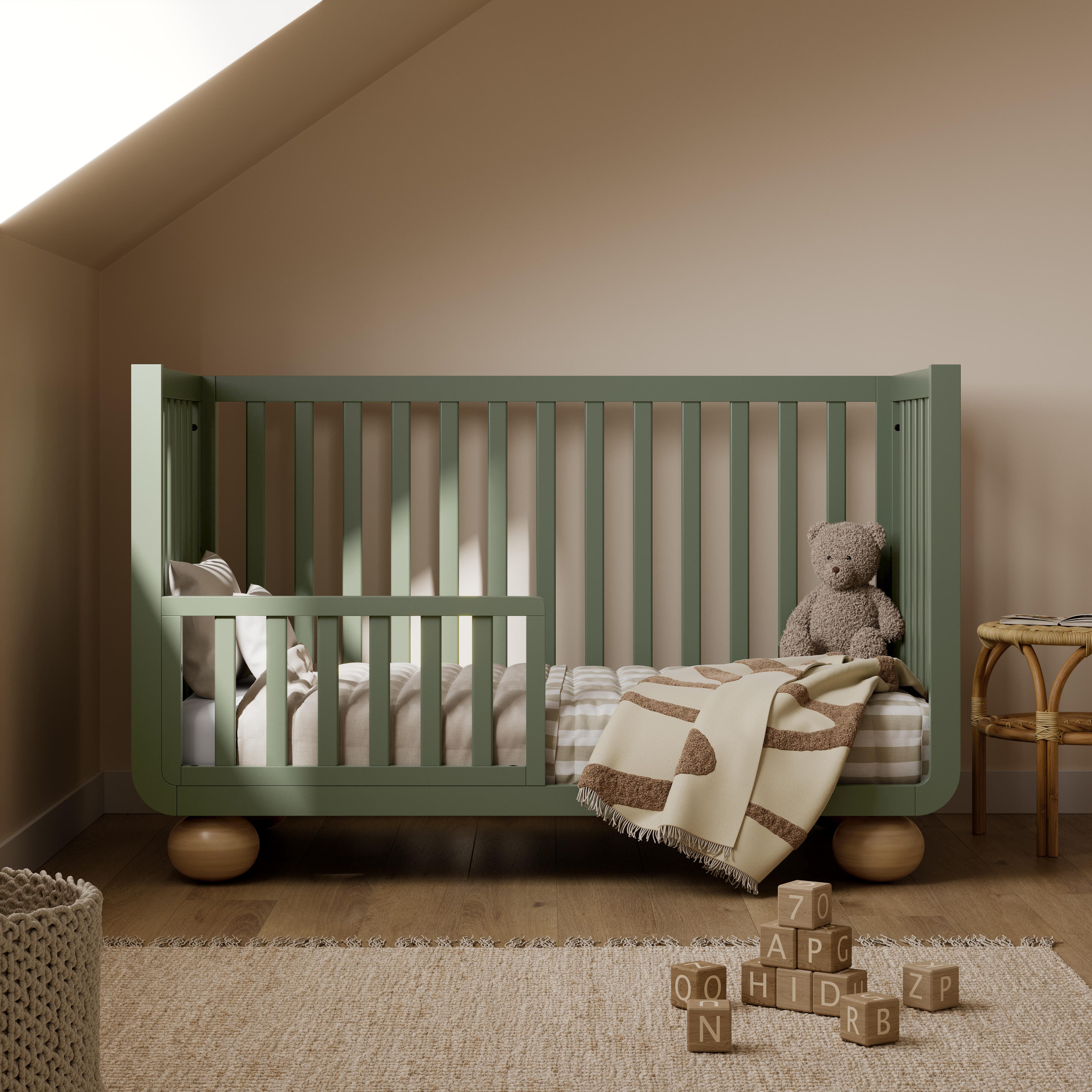 Storkcraft Amalfi 5-in-1 Convertible Crib with Guardrail, Olive/Driftwood, large