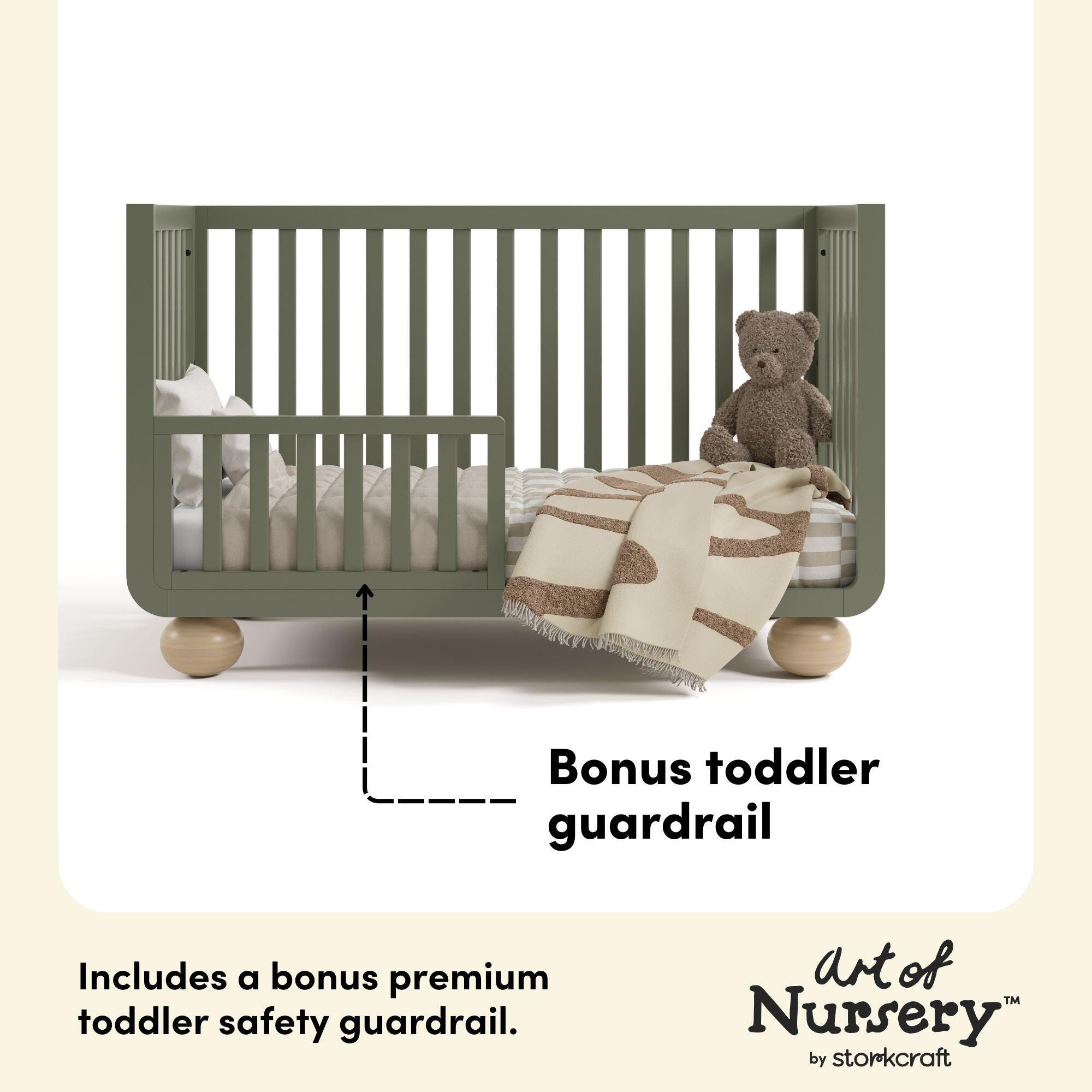 Storkcraft Amalfi 5-in-1 Convertible Crib with Guardrail, Olive/Driftwood, large