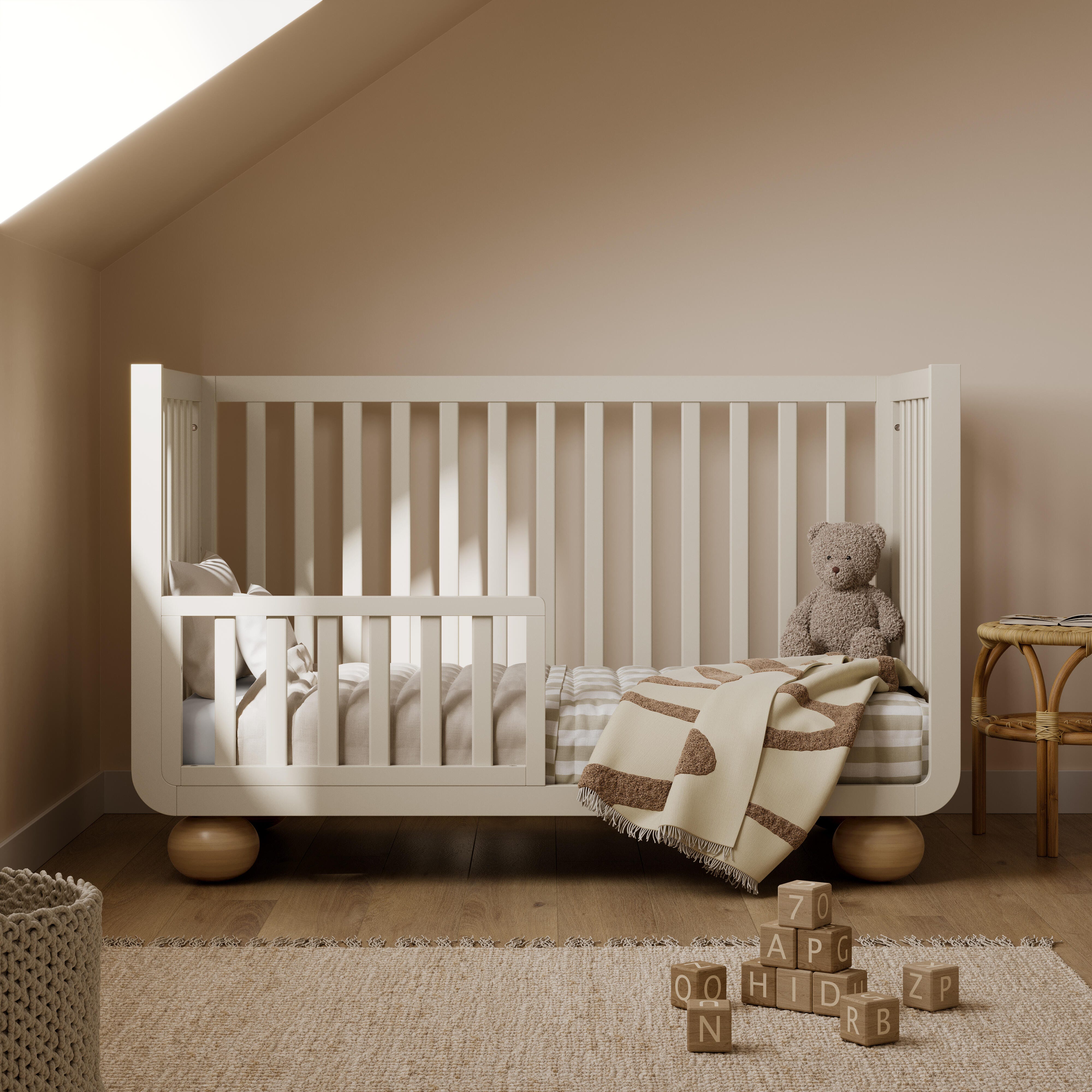 Storkcraft Amalfi 5-in-1 Convertible Crib with Guardrail, Frosted Oat/Driftwood, large
