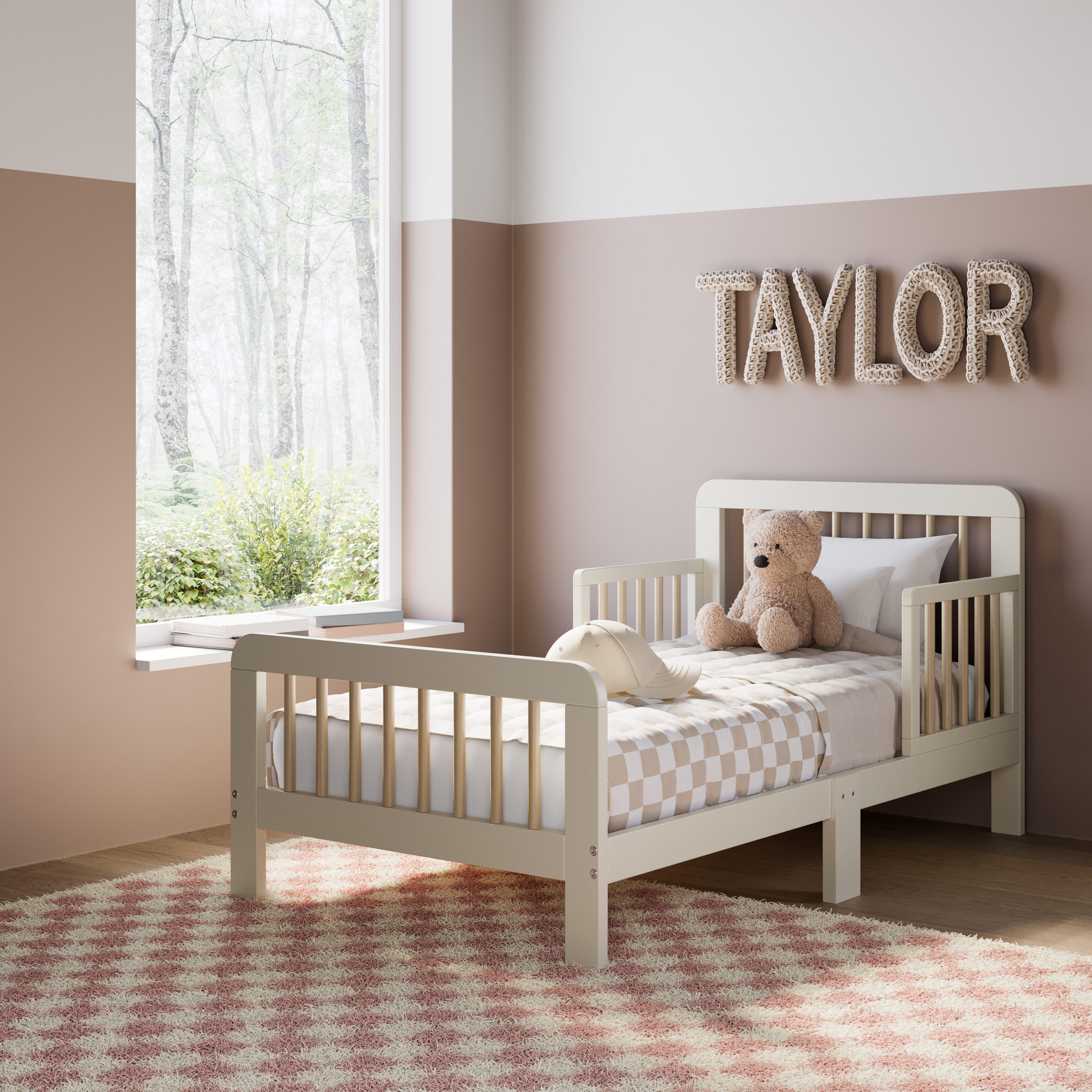 Storkcraft Pasadena Toddler Bed with Guardrails, Frosted Oat/Driftwood, large