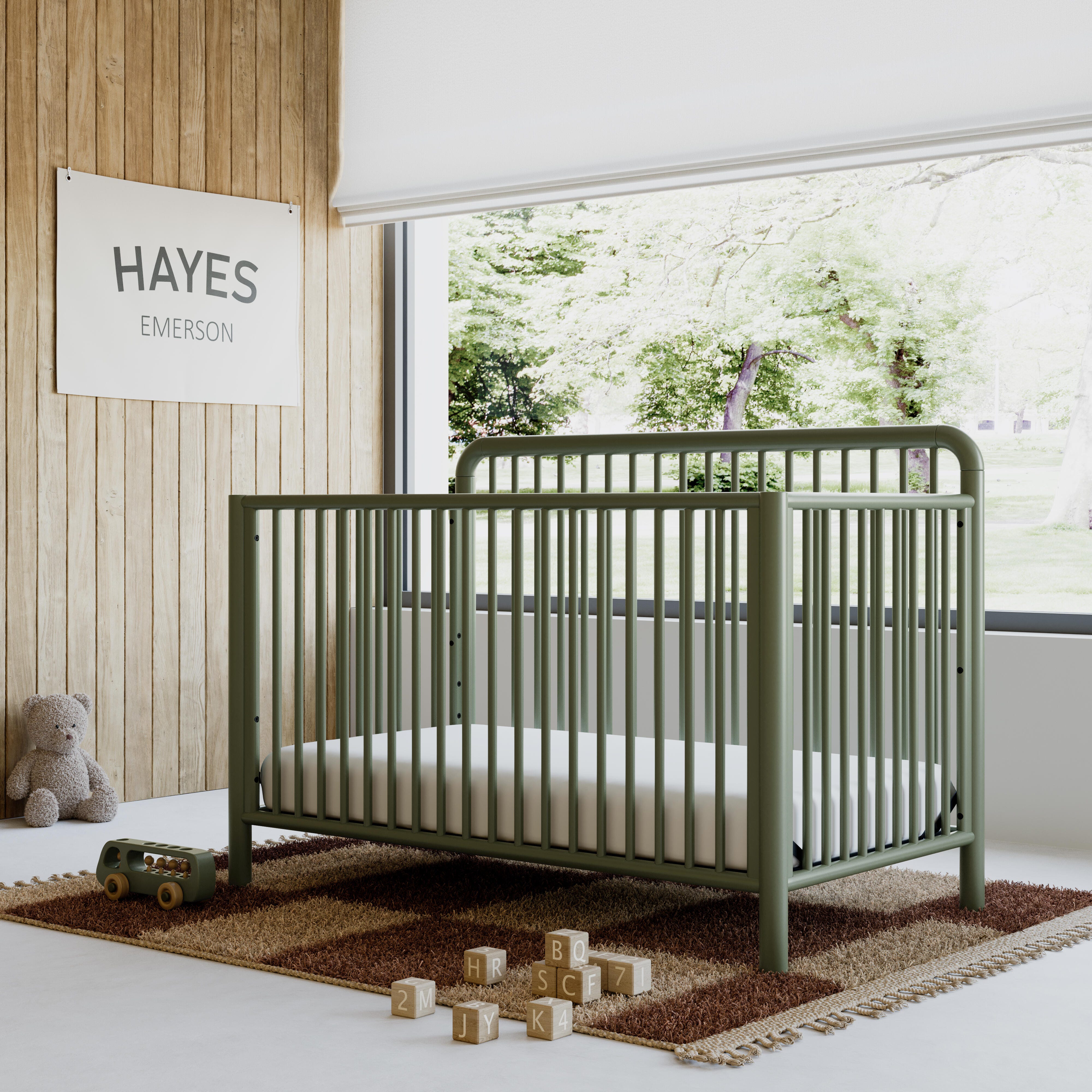 Storkcraft Porto 5-in-1 Convertible Crib with Guardrail, Olive, rollover