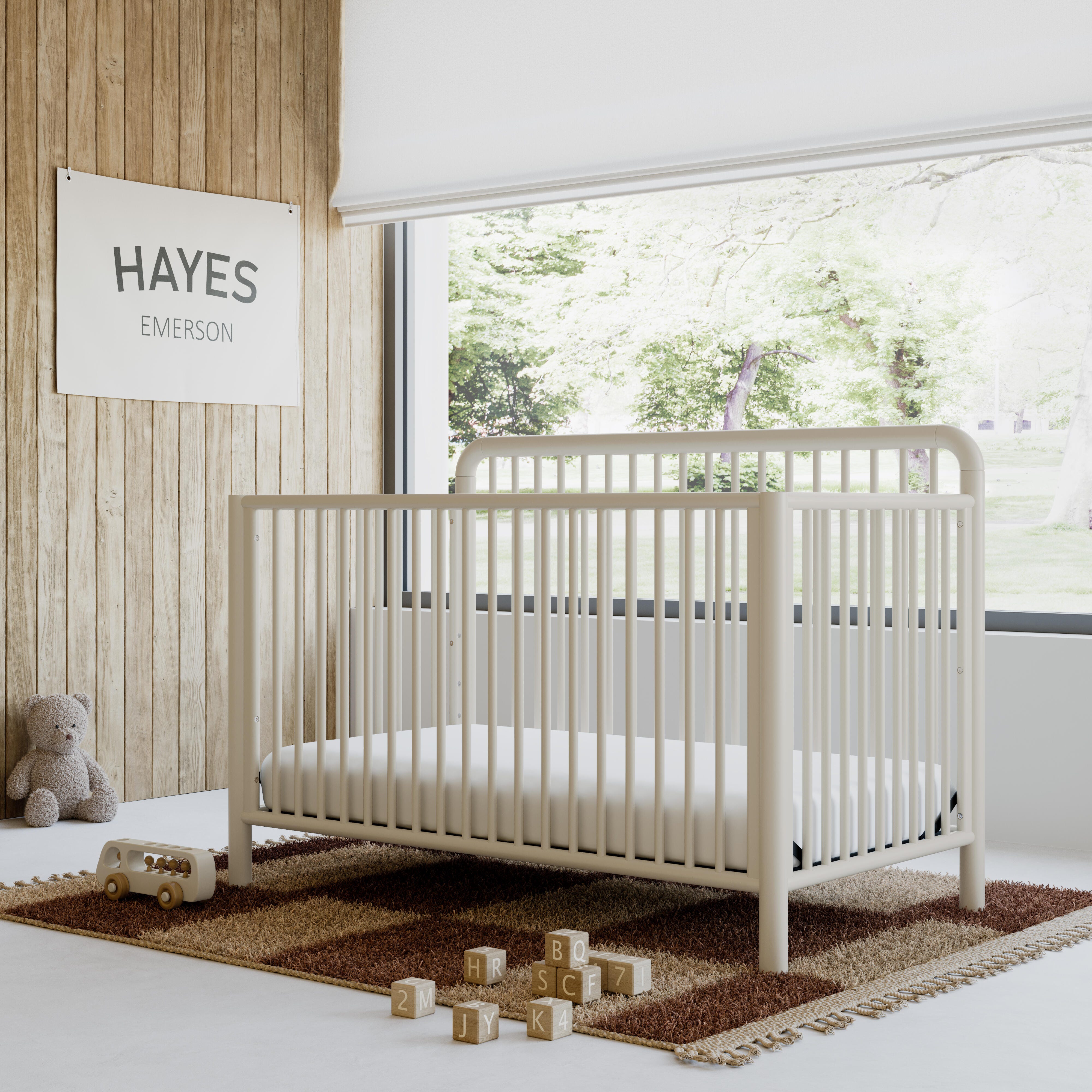 Storkcraft Porto 5-in-1 Convertible Crib with Guardrail, Frosted Oat, rollover
