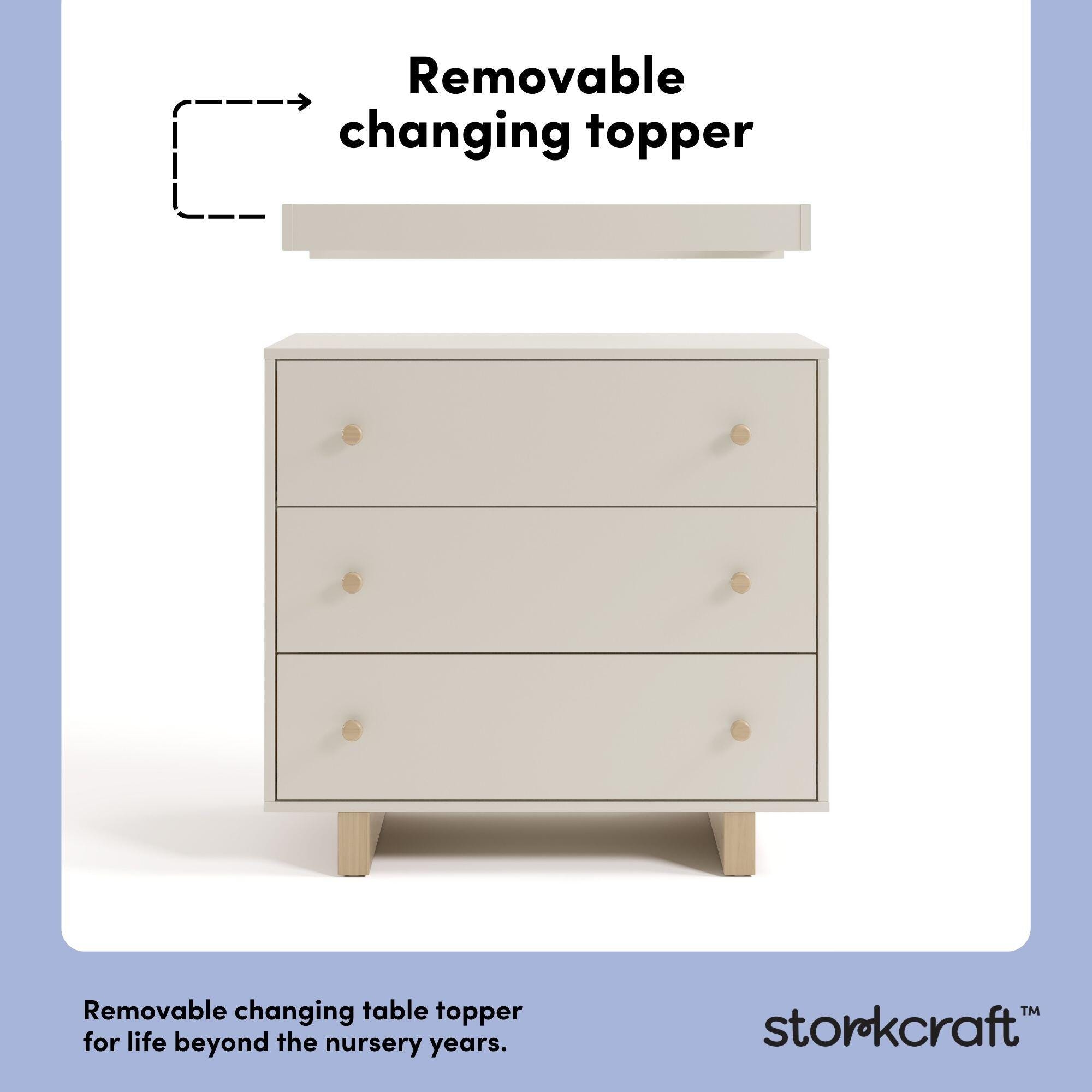 Storkcraft Texas 3 Drawer Chest with Removable Changing Topper, Frosted Oat/Driftwood, large