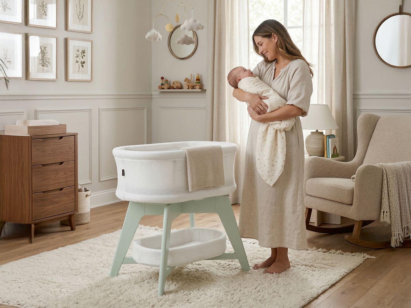 TruBliss Evi Smart Bedside Bassinet, White/Mint Green, large