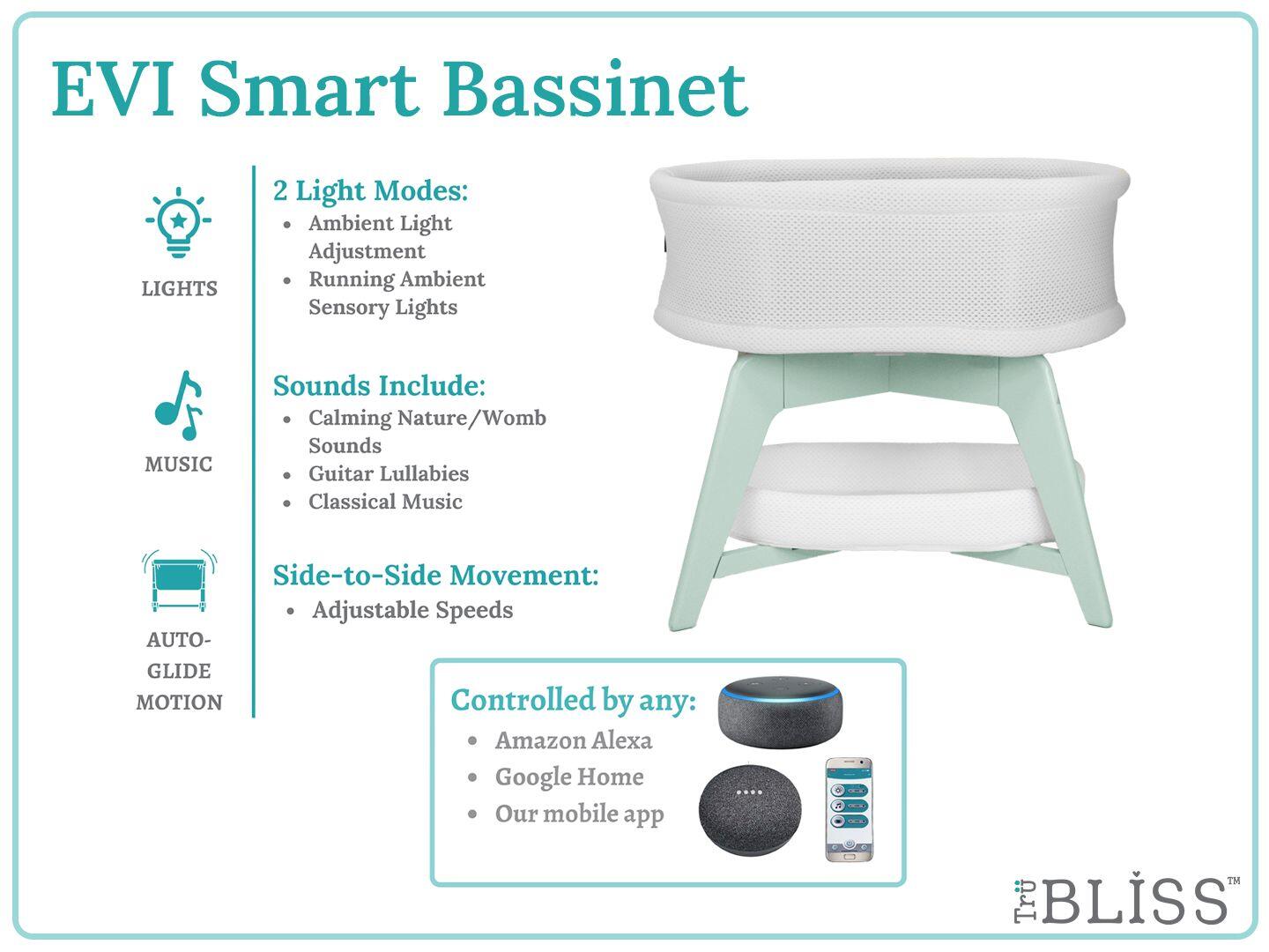 TruBliss Evi Smart Bedside Bassinet, White/Mint Green, large