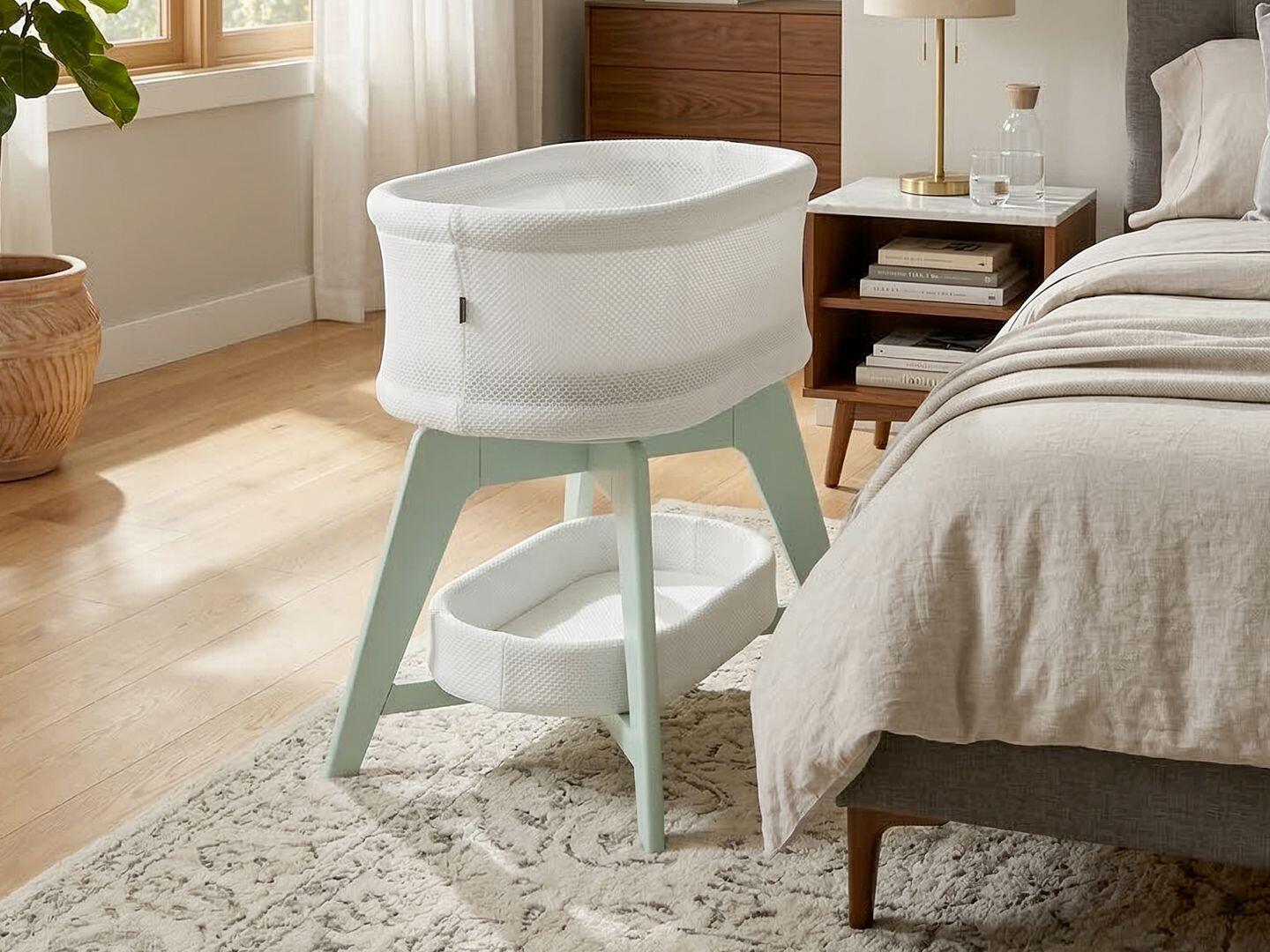 TruBliss Evi Smart Bedside Bassinet, White/Mint Green, large