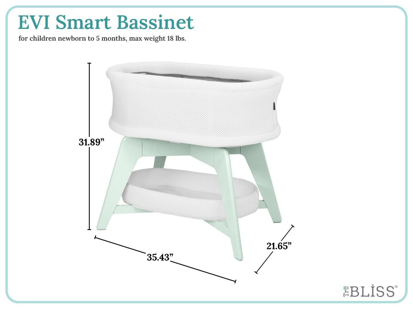 TruBliss Evi Smart Bedside Bassinet, White/Mint Green, large