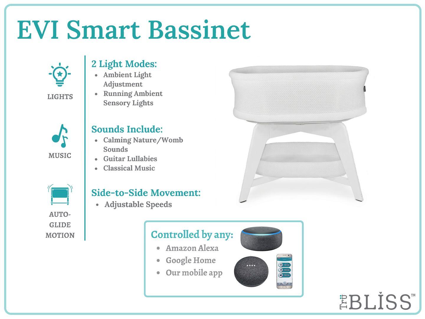 TruBliss Evi Smart Bedside Bassinet, White, large