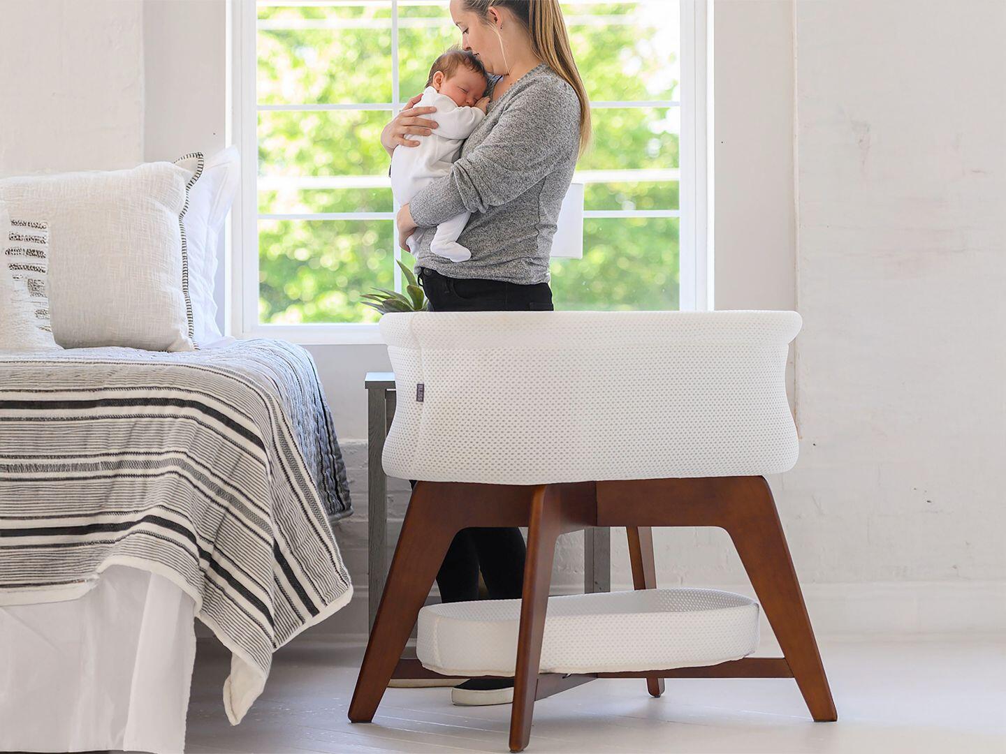 TruBliss Evi Smart Bedside Bassinet, White/Walnut, rollover