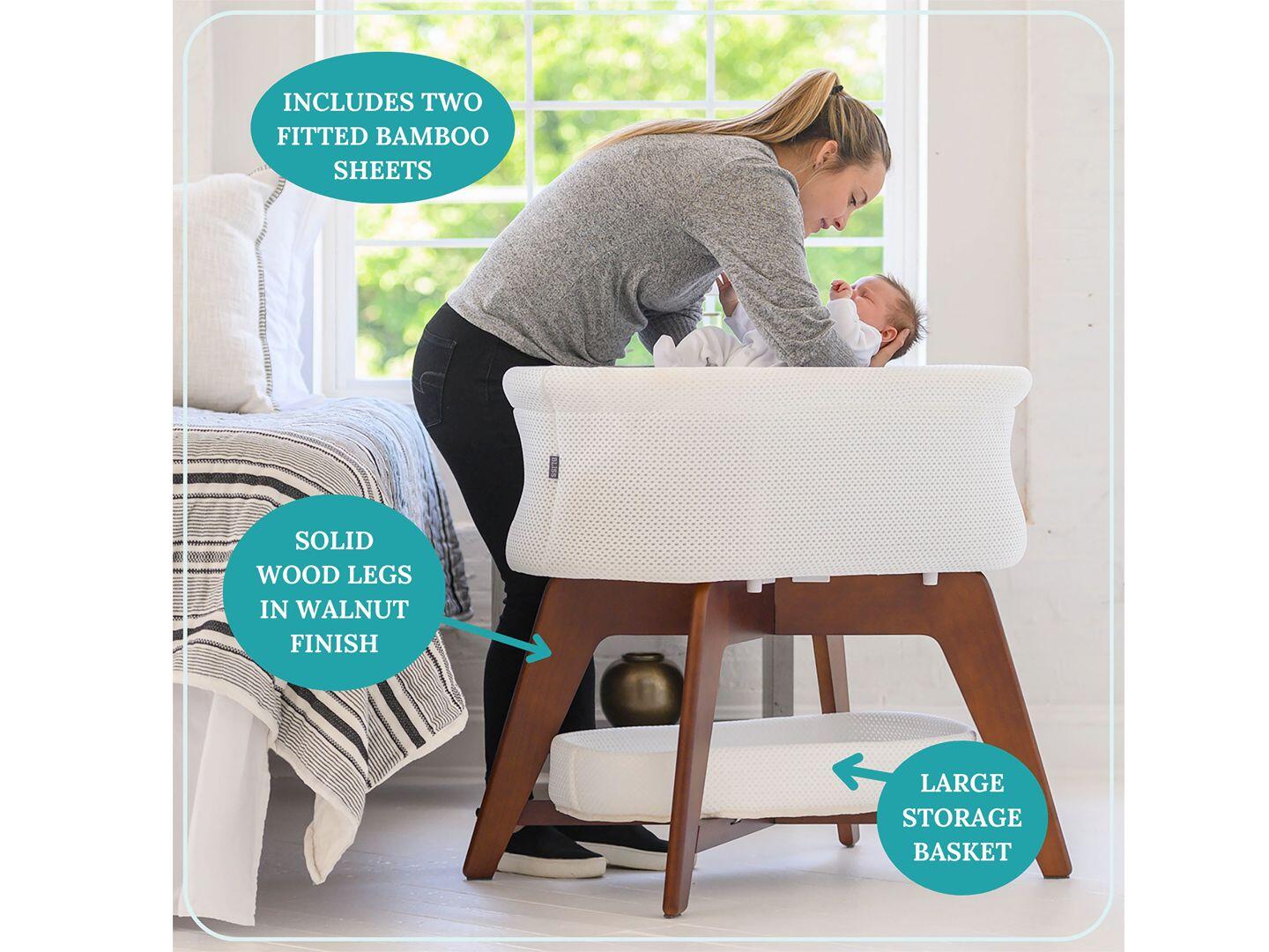 TruBliss Evi Smart Bedside Bassinet, White/Walnut, large
