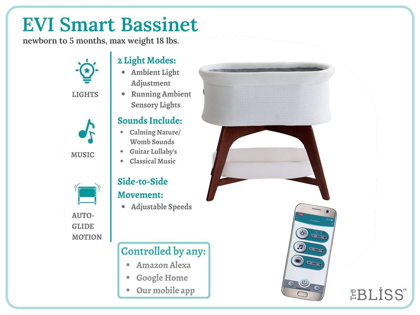 TruBliss Evi Smart Bedside Bassinet, White/Walnut, large