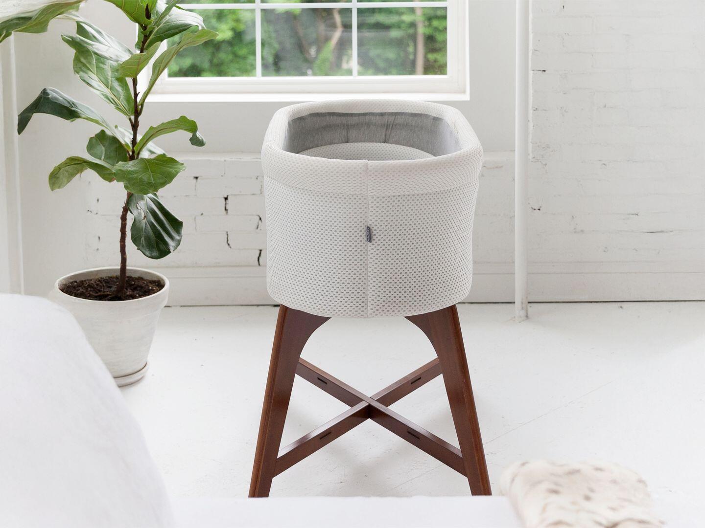 TruBliss Evi Smart Bedside Bassinet, White/Walnut, large