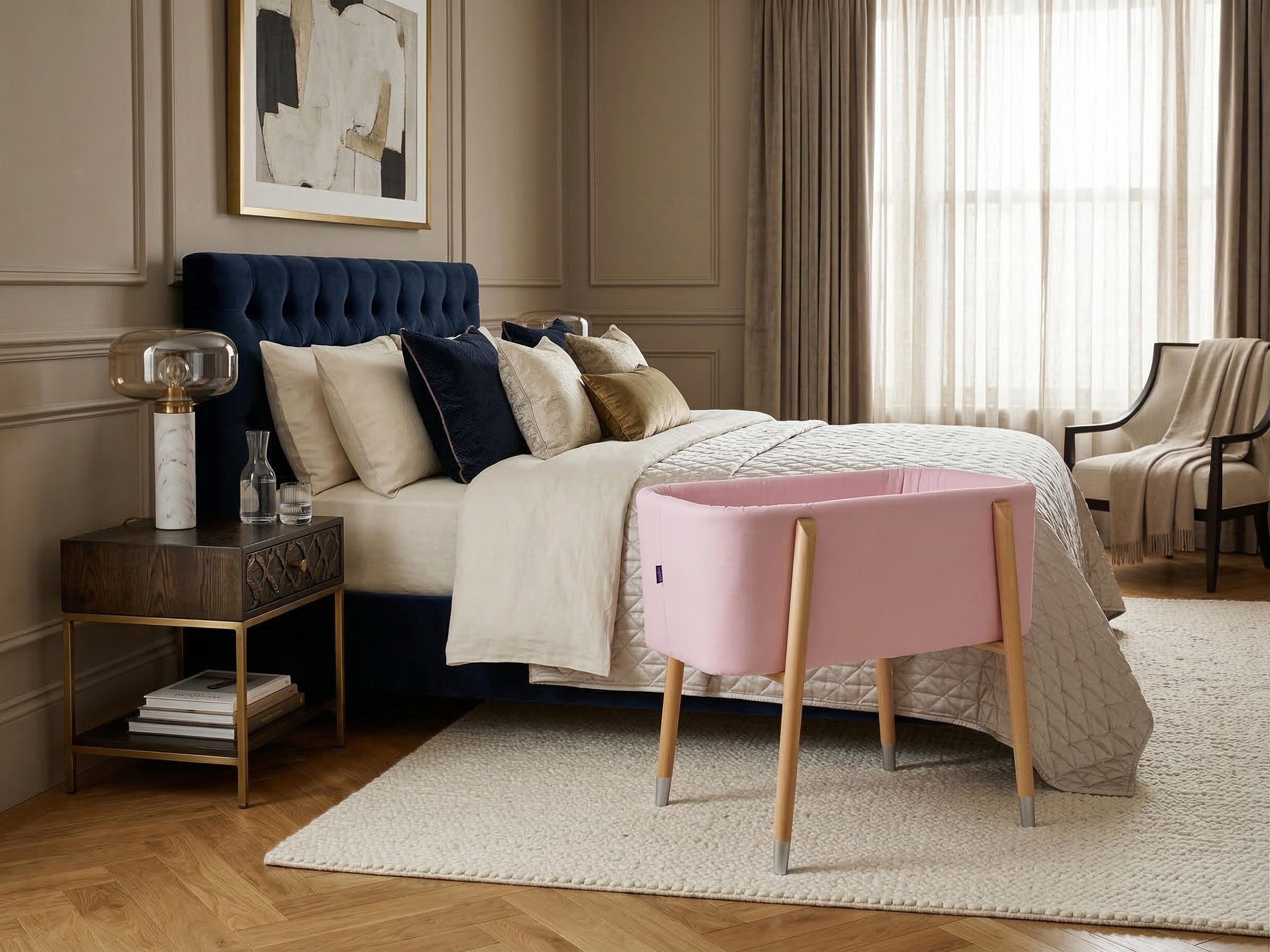 TruBliss Sova Bedside Bassinet, Precious Pink/Beige, large