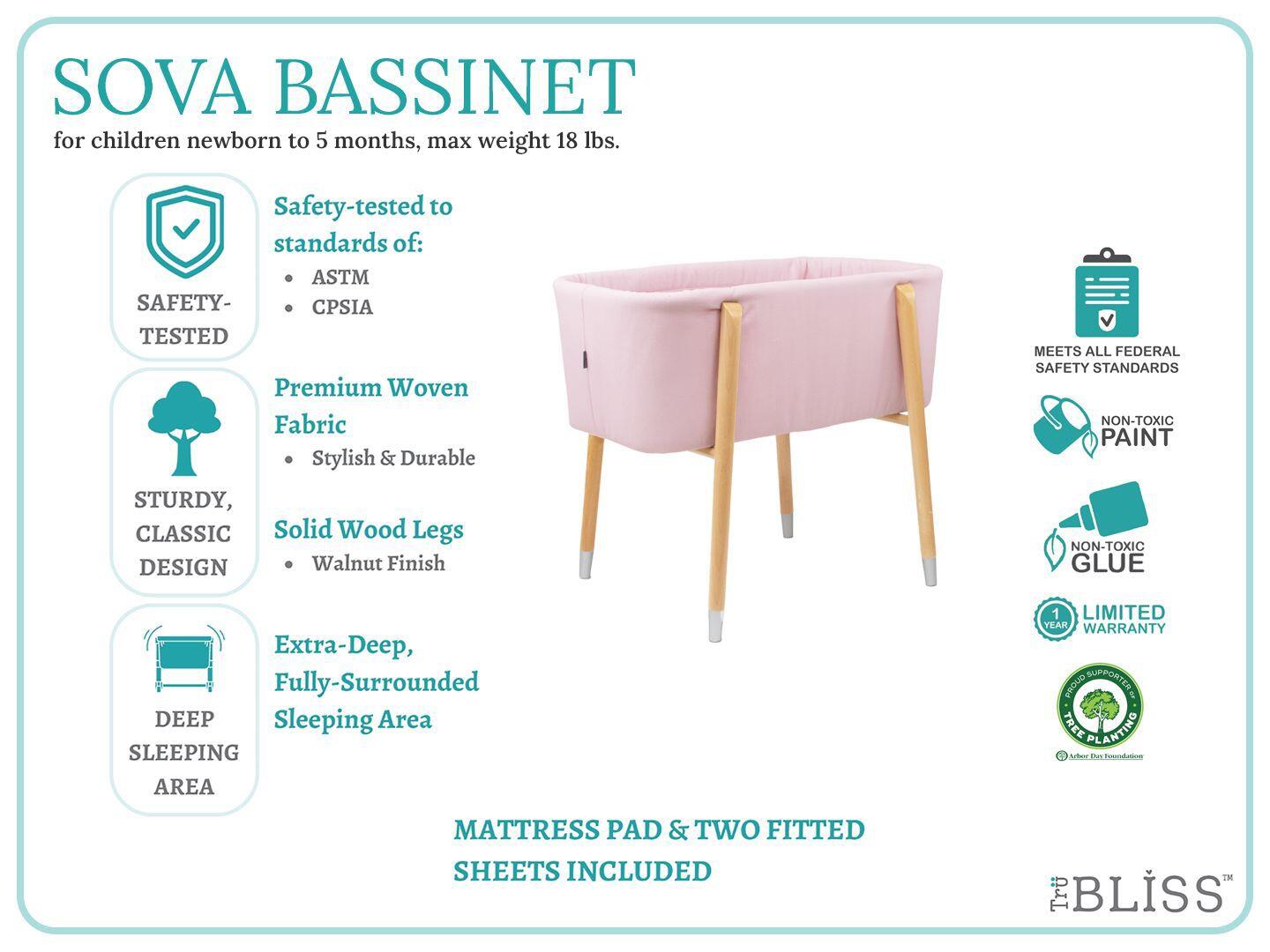 TruBliss Sova Bedside Bassinet, Precious Pink/Beige, large