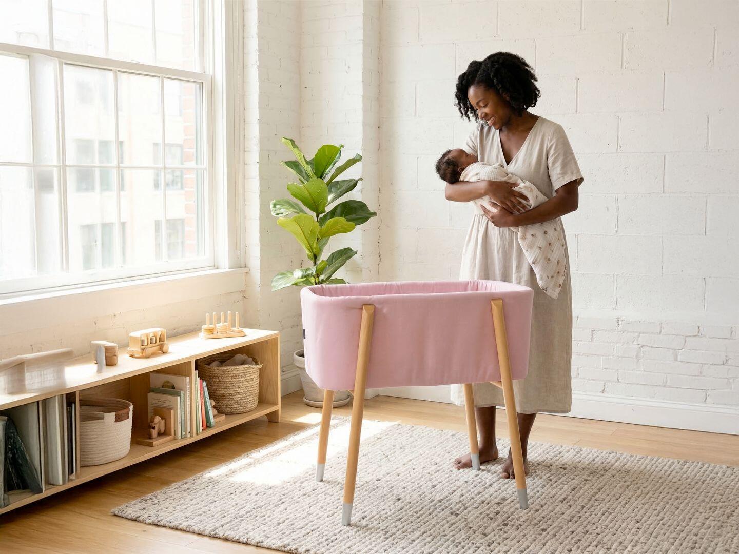 TruBliss Sova Bedside Bassinet, Precious Pink/Beige, large