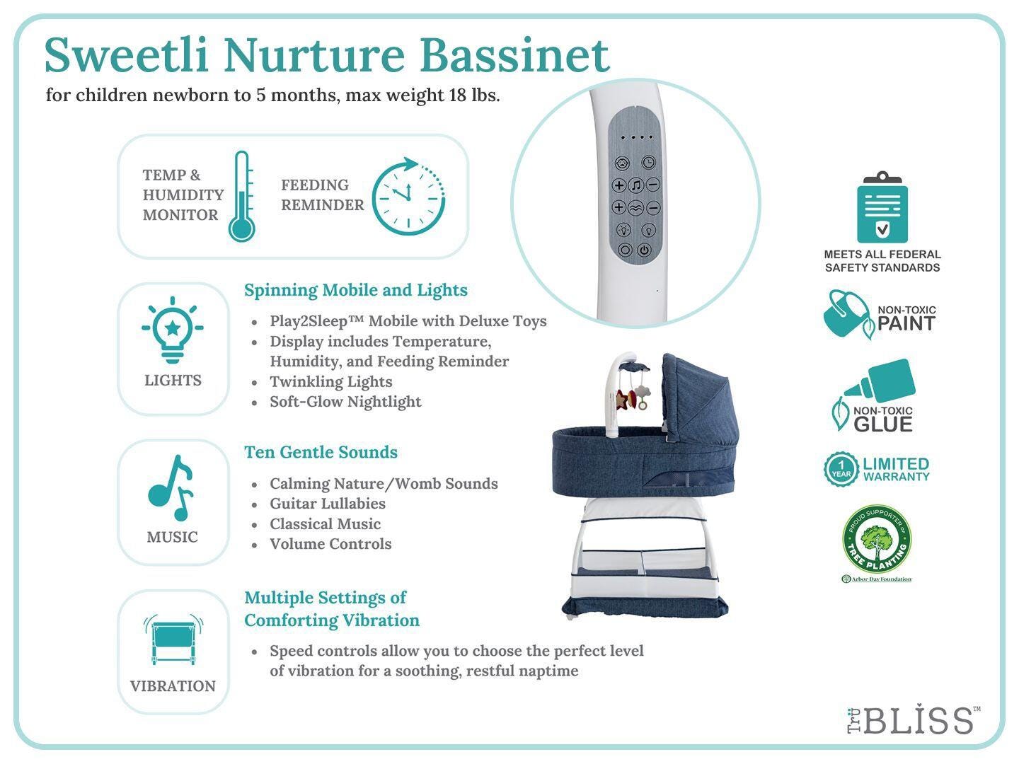 TruBliss Baby Sweetli Nurture Bassinet, Denim Melange, large