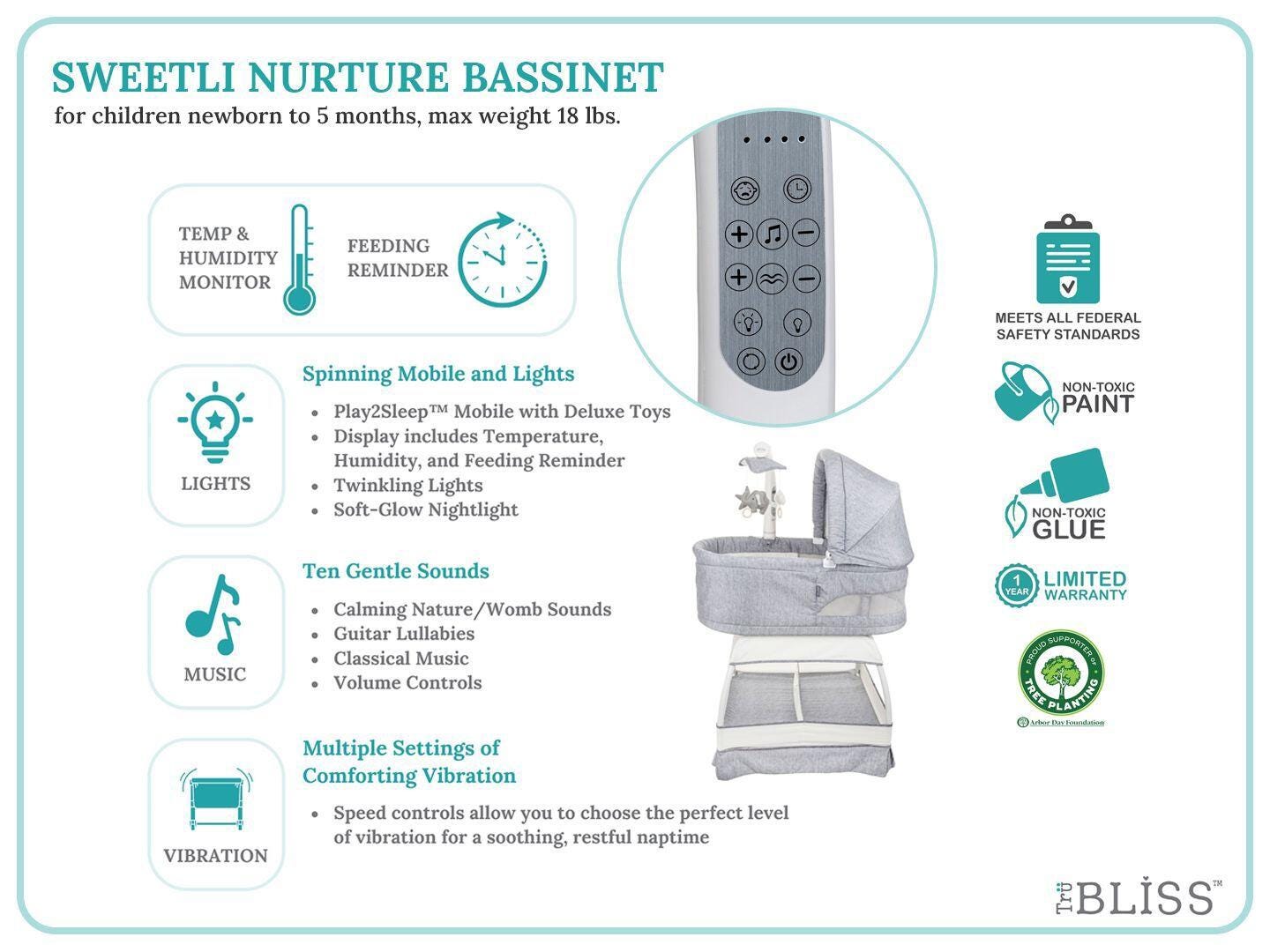 TruBliss Baby Sweetli Nurture Bassinet, Gray Melange, large